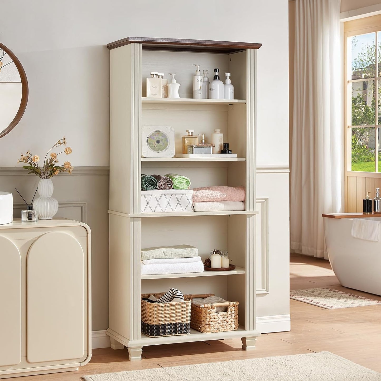 70" Tall White Bookshelf,5 Tier Wood Book Shelf with Adjustable Shelves & Wood Legs,Free Standing Farmhouse Bookcase with Open Display Storage,Vintage Kids Bookshelves for Nursery,Bedroom