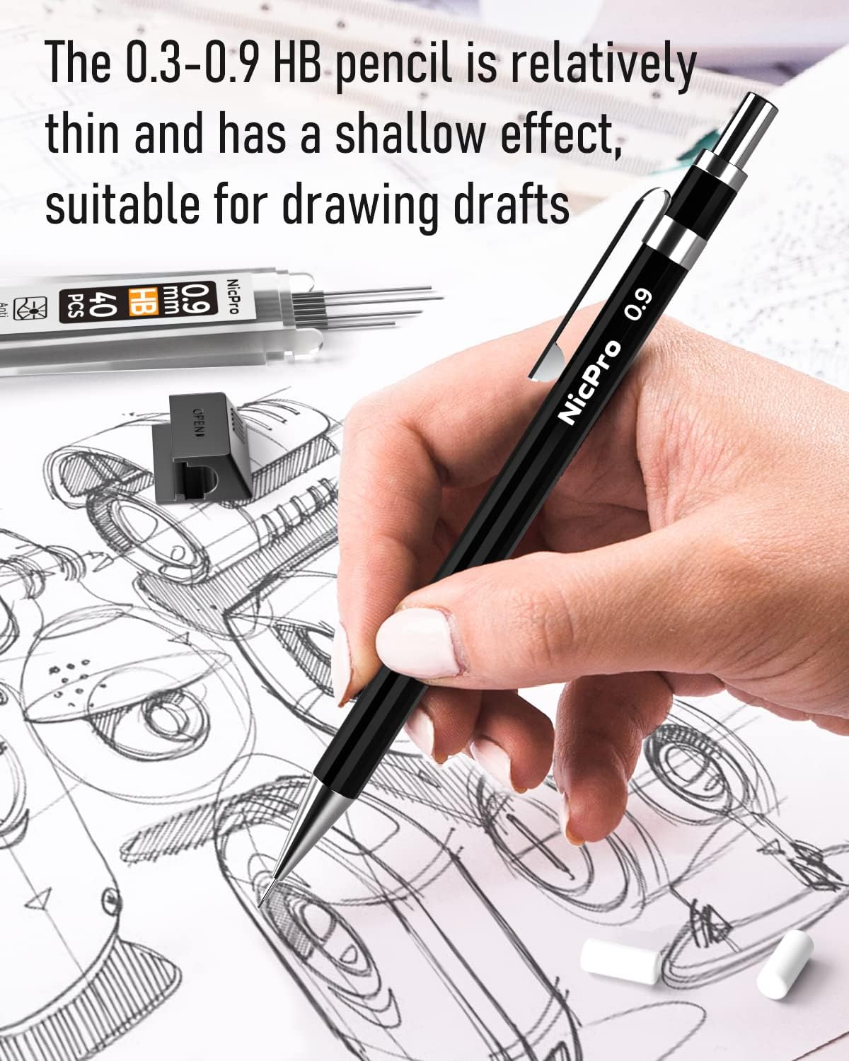 Nicpro Black Art Mechanical Pencil Set in Case, Metal Drafting Pencils 0.3, 0.5, 0.7, 0.9 & 2mm Graphite Holders (2H HB 2B 4B Colored Lead) for Sketching Drawing with 9 Lead Refills, 2 Erasers