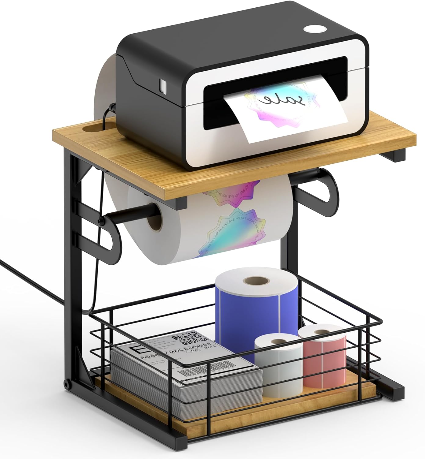 Label Holder for Rolls and Fan-Fold Labels, Wooden Thermal Sticker Roll Holder for Desktop Thermal Label Printer, Solid Shipping Label Holder & Desktop Label Printer Accessory Supplies for Home,Office