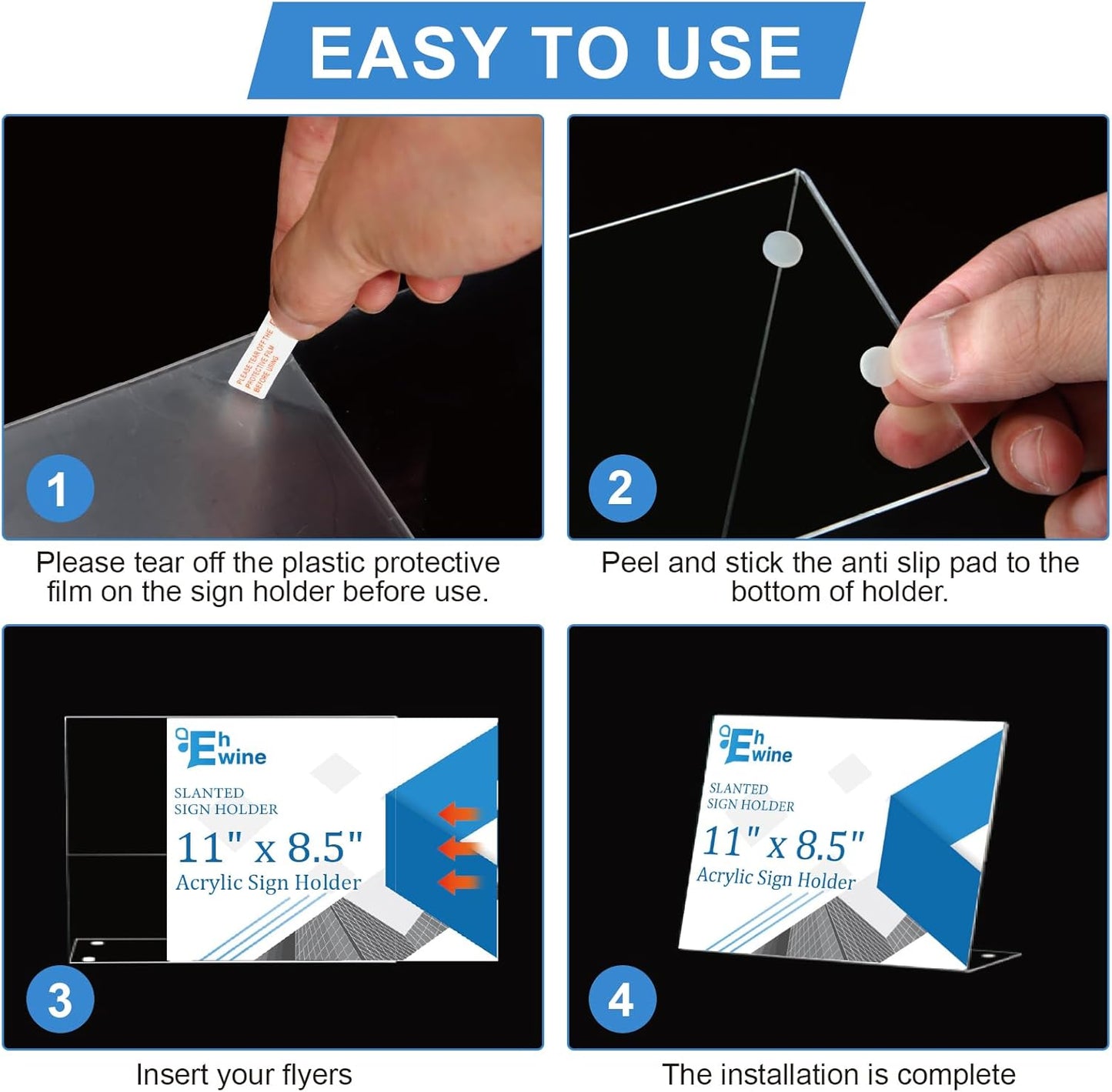 EHWINE 12 Pack 8.5 x 11 Acrylic Sign Holder Horizontal, Clear Plastic Signs Display Stand, Slanted Back Paper Holder Stand up Table Top Sign Holders Flyer Stand Frames for Office Business Store