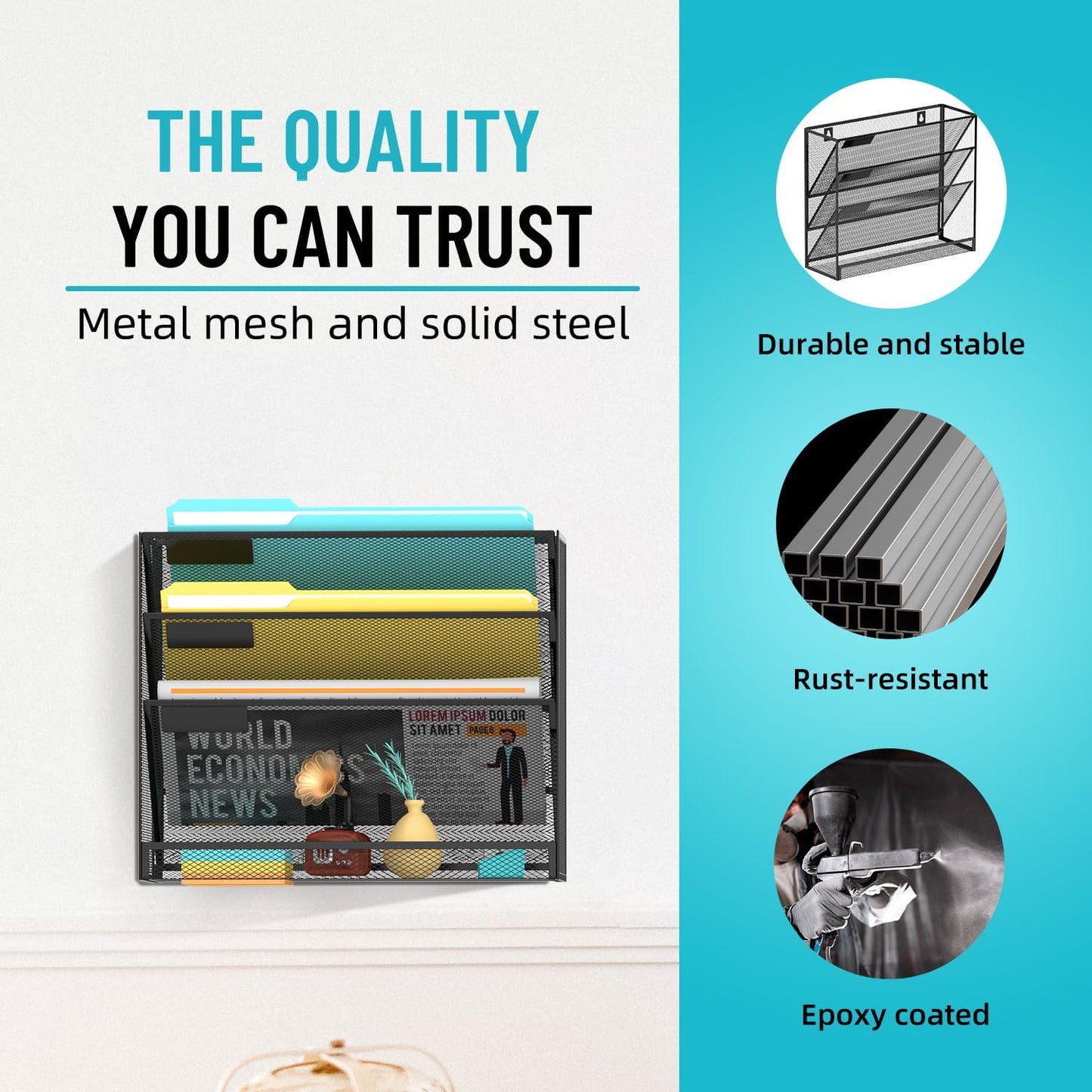 SUPEASY 4-Tier Wall File Organizer Mesh Office Mail Holder, Hanging Wall Organizer Magazine Rack for Office Black