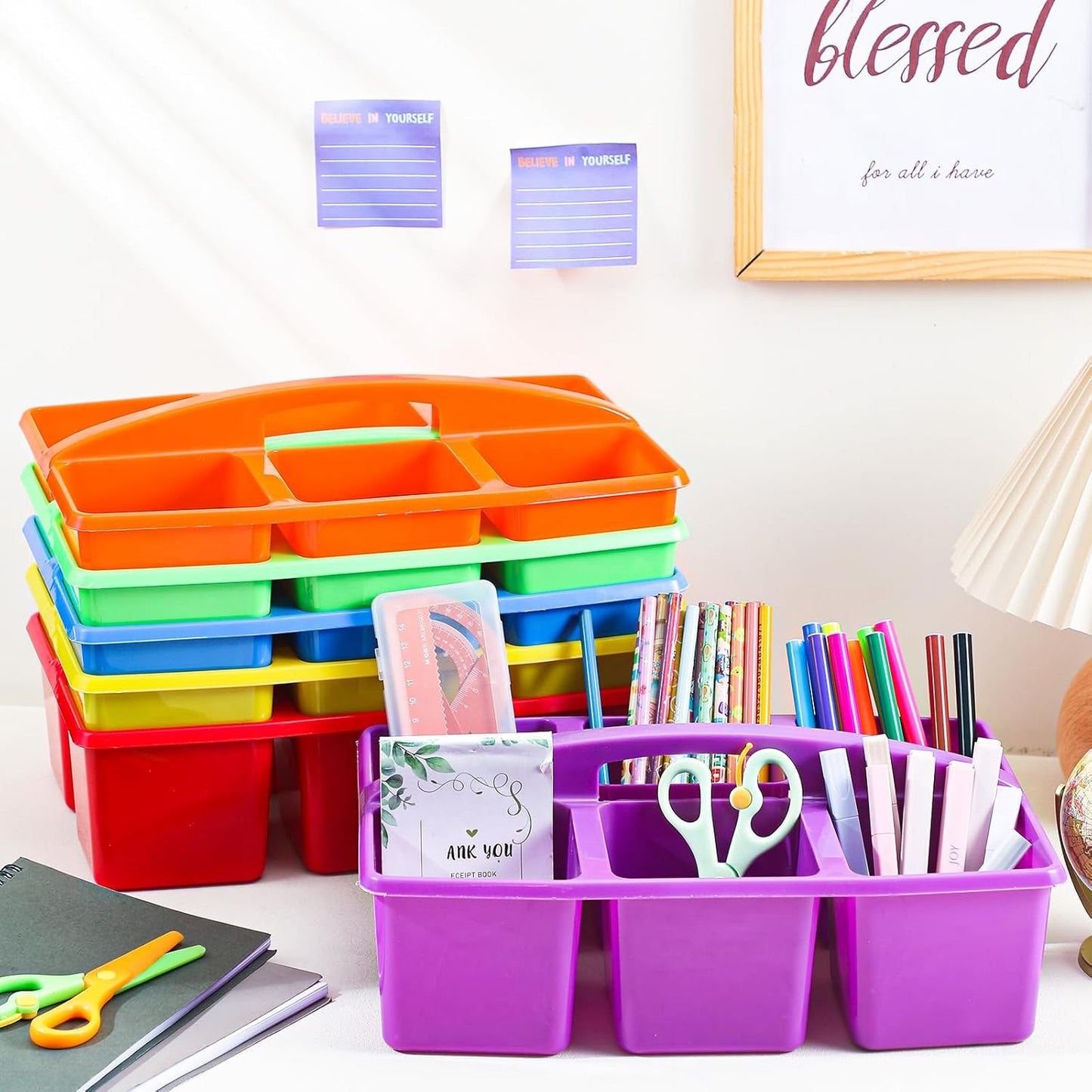 6 Equal Compartment Classroom Caddy, 12 Pack Small Caddy Organizer with Handle Rainbow Colors Plastic Classroom Table Caddies School Supply Organizer for Easy Storage(Rainbow Colors)