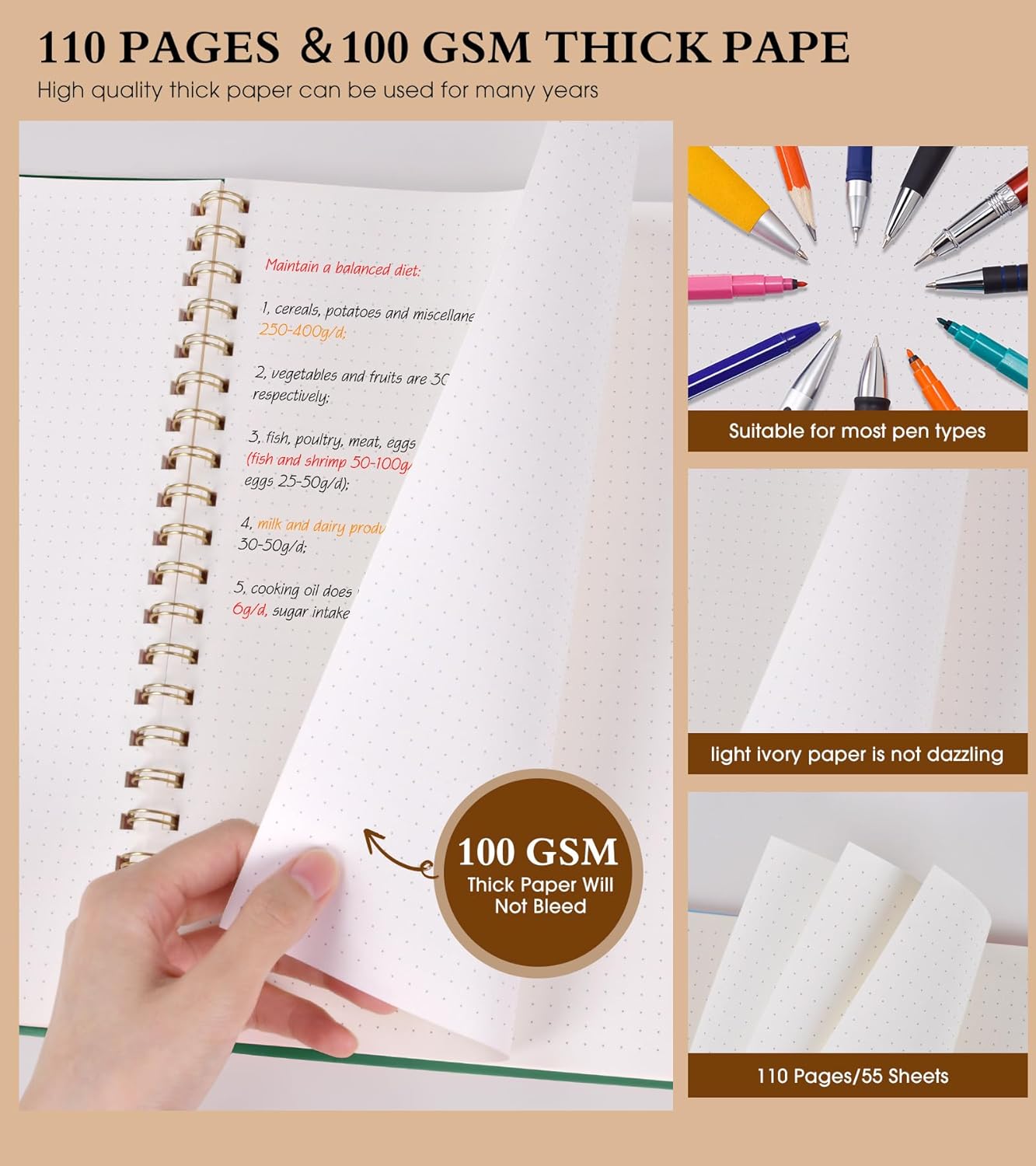 Dotted Notebook, Spiral Notebook Journal 8.5” x 11”, A4 Large Dot Grid Notebooks for Women Men, 100 GSM Dotted Paper, Plastic Hardcover Spiral Bullet Journals for Work School Sketching, Green