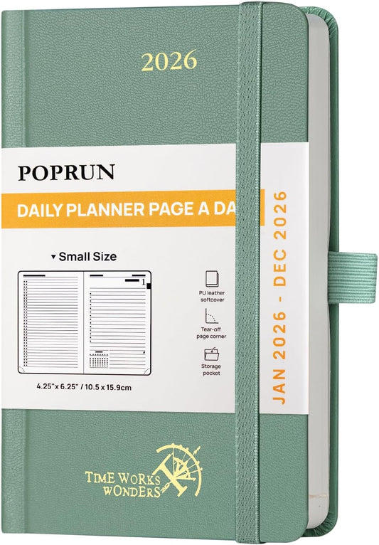 POPRUN 2026 Daily Planner One Page Per Day A6 Size Calendar (4.25" x 6.25") - 12 Months Hourly Appointment Book with Hardcover, Monthly Tabs, Pocket, Pen Holder - Midnight Green