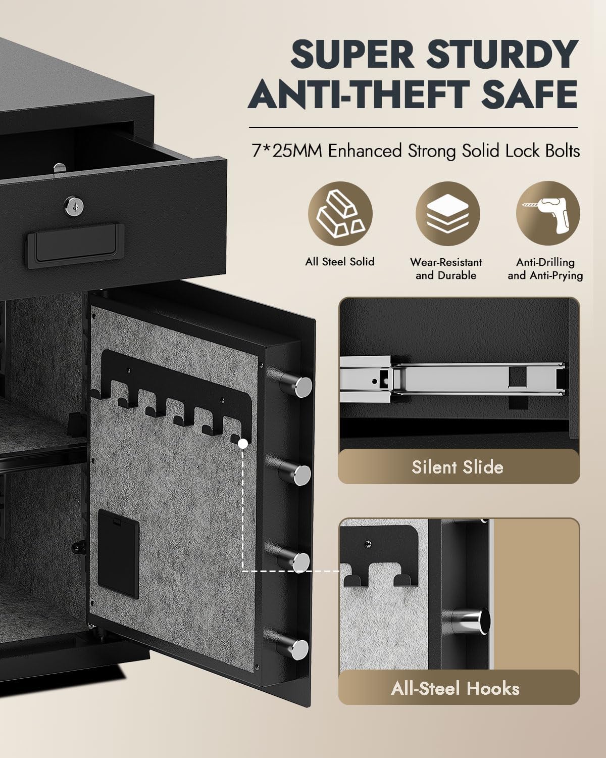 5.1Cuft Safe Box with Drawer Fireproof Waterproof Bag, 3 Unlock Methods, Vibration Alert & Silent Mode, M oney box Safe for Home, Office, Valuables