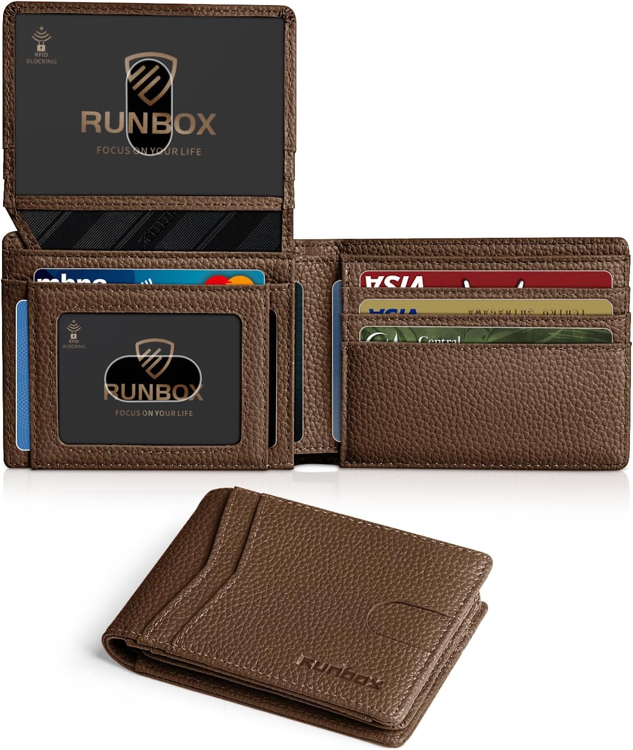 RUNBOX Wallet for Men Slim Rfid Leather 2 ID Window With Gift Box