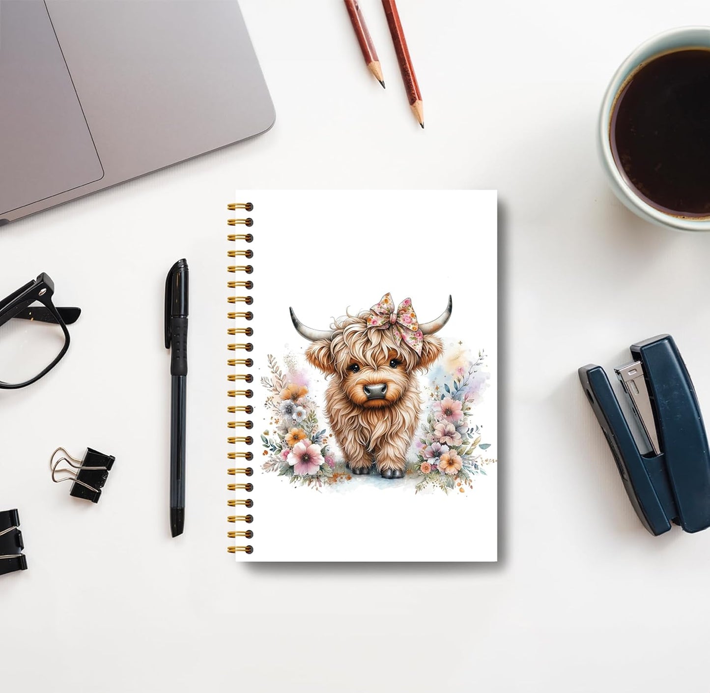 Floral Highland Cow Notebook - Western Notebook, Cow Notebook, Highland Cow Office Supplies, Highland Cow Gifts, Cute Highland Cow Stuff, Farmhouse Highland Cows Spiral Notebook 5.5x8.3