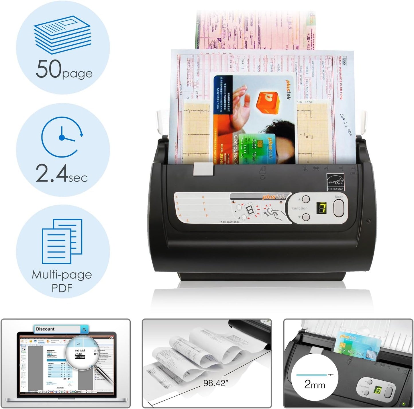 Plustek PS186 Desktop Document Scanner, with 50-pages Auto Document Feeder (ADF). For Windows 7 / 8 / 10 / 11 (Intel/AMD only)