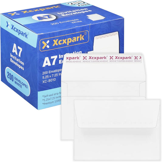 200 Qty Printable A7 Invitation Envelopes 5.25X7.25 inches Cards, Self Seal 120GSM white Paper Envelopes for Invitations, Papers, Photos, Documents, Wedding, Baby Shower, Easy to Seal