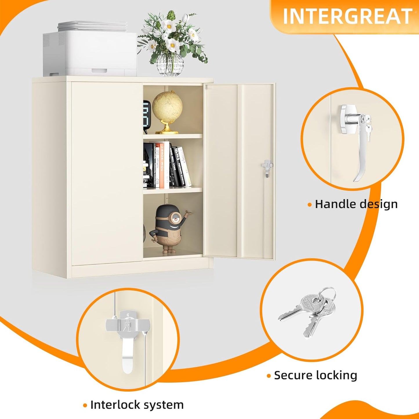 INTERGREAT Metal Cabinet with Lock, Lockable Metal Storage Cabinets with Doors and Shelves for Garage, Cream Grey Locking Garage Storage Cabinets 36"×32"×16"