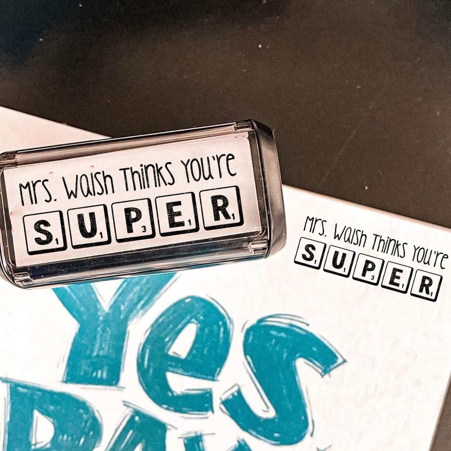 Custom Self-Inking Stamps | 49 Designs | Fun Phrases | Grading Made Easy | Classroom & Library Book Stamps (Super Tiles, Xtra Wide)