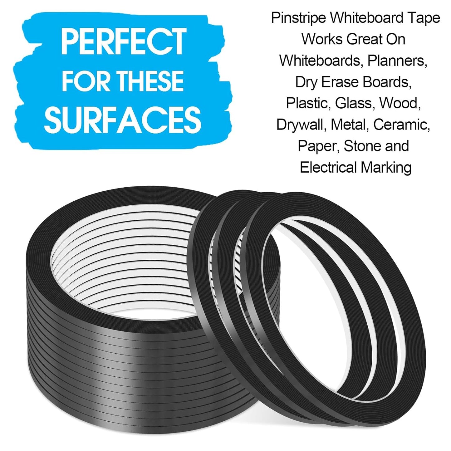 Whiteboard Tape, 16 Rolls 1/8 inch Pinstripe Tape Dry Erase Tape White Board Pinstriping Tape Line, Thin Black Draping Tape 164 Feet Per Roll, Dry Erase and White Board Accessories, Chart Tape