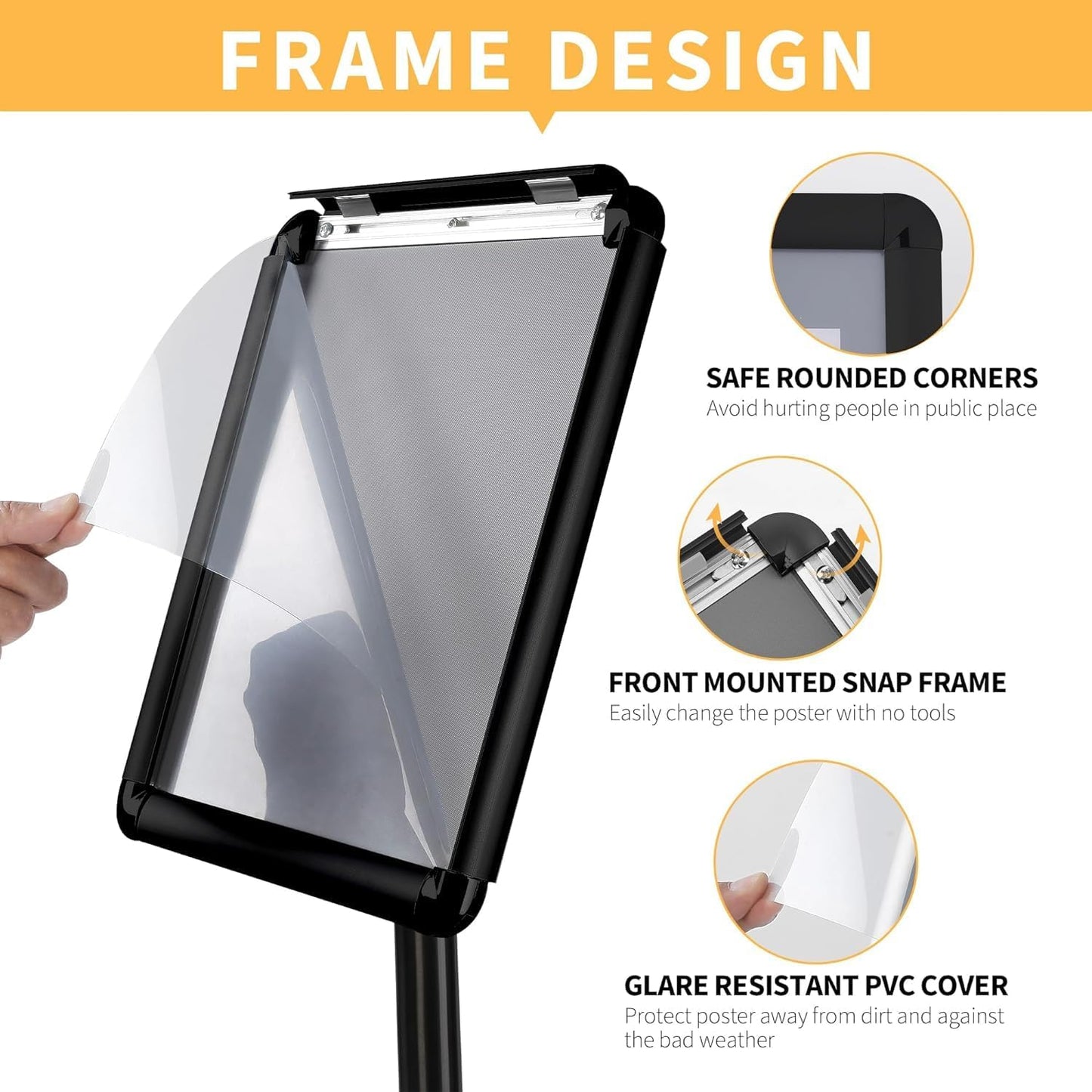 Sign Holder Stand 8.5 x 11, With 3-Prong-Base & Round Base, Poster Stand Aluminum Snap Open Frame for A4 Size Outdoor Indoor Sign Stand, Height Adjustable-Black