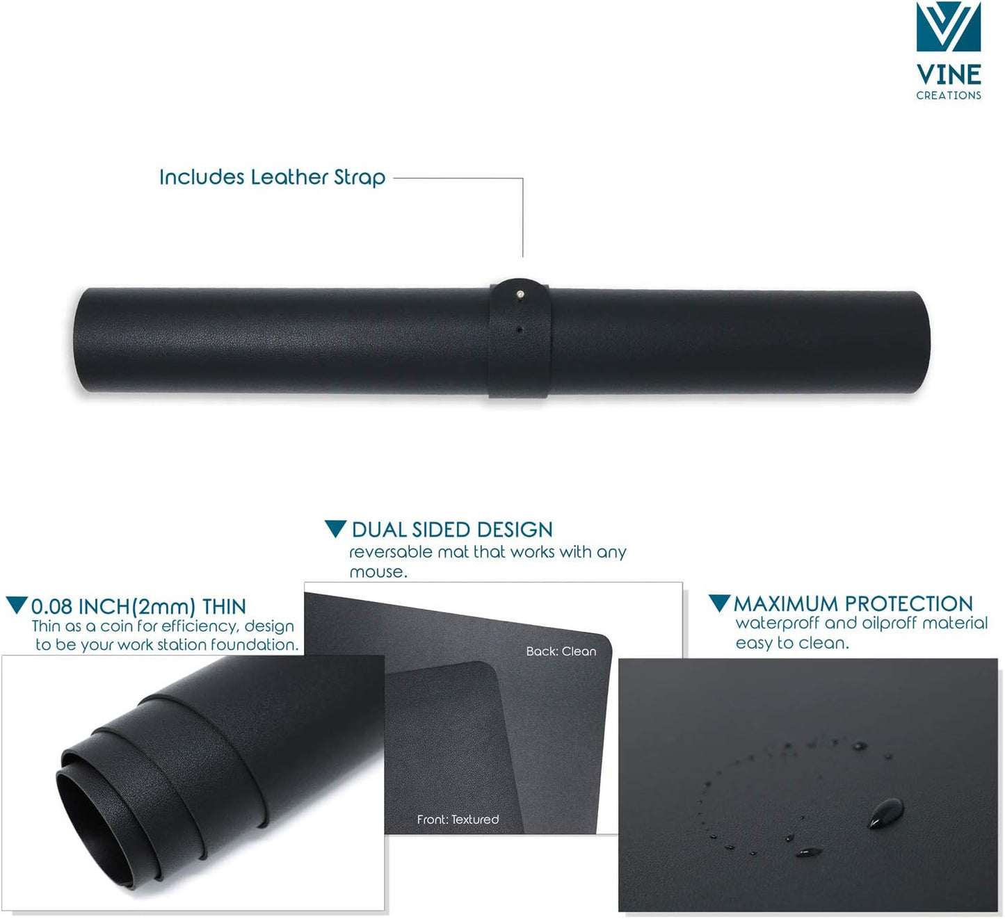 Vine Creations Leather Desk Mat 24" x 17", Desk Protector, PU Leather Desk Pad, Small Desk Pad Mat, Desk Blotter, Desk Pads on Top of Desks, Small Desk Mat for Home or Office (Black)