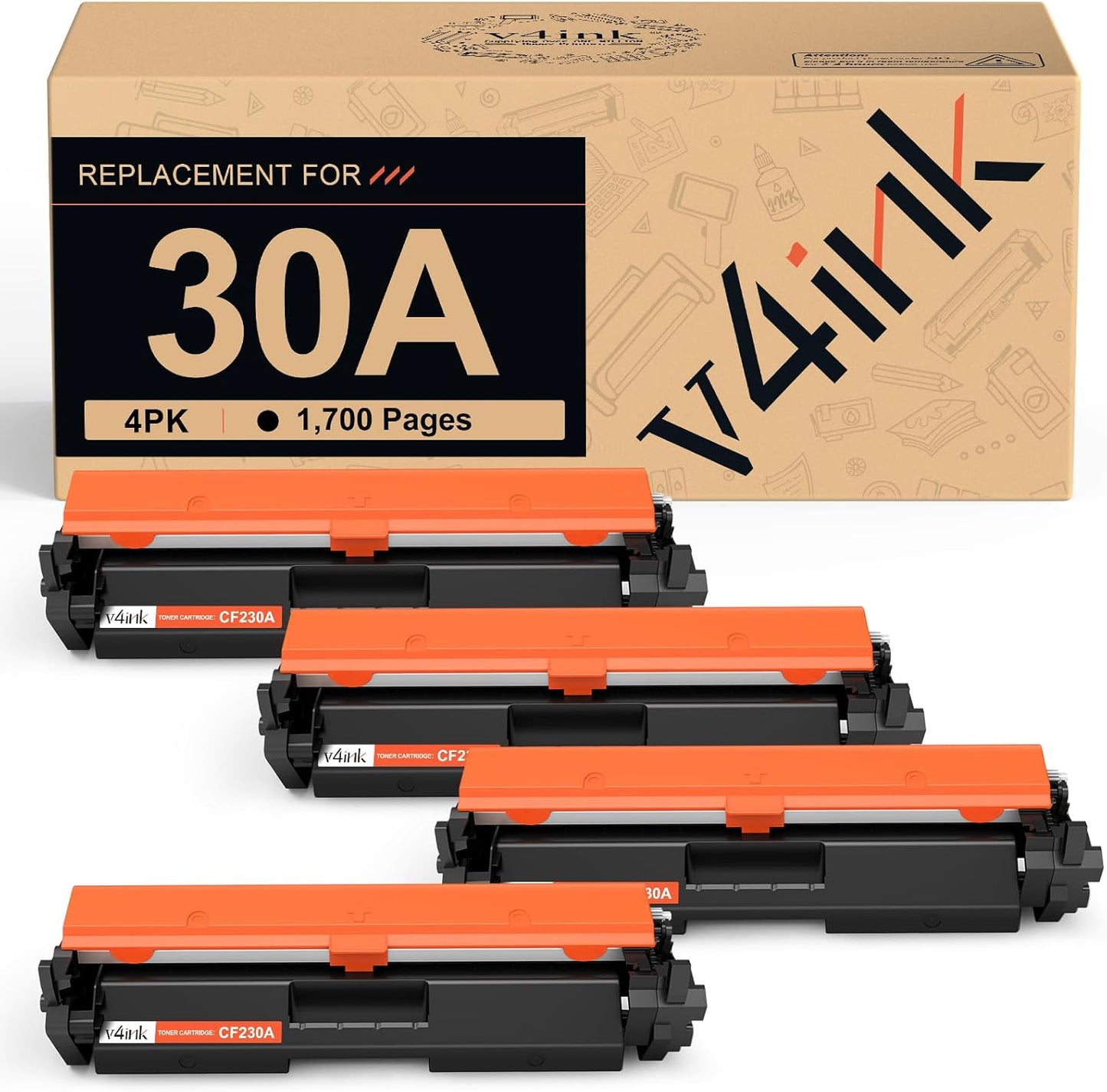 v4ink Compatible 30A CF230A Toner Cartridge Replacement for HP 30A 30X CF230A Toner Cartridge Black Ink for HP Pro M203d M203dn M203dw M227fdn M227fdw M227sdn Printer (4Pack Newest Version)