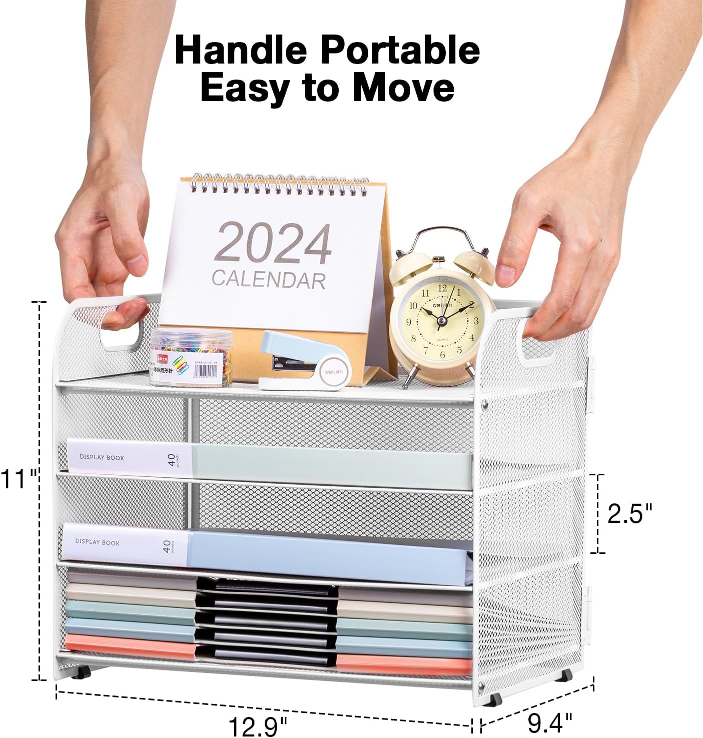 4-Tier Paper File Tray Organizer, Desk Organizer Tray with Handle, Mesh Desk File Organizer for Office Supplies Desktop Accessories - White