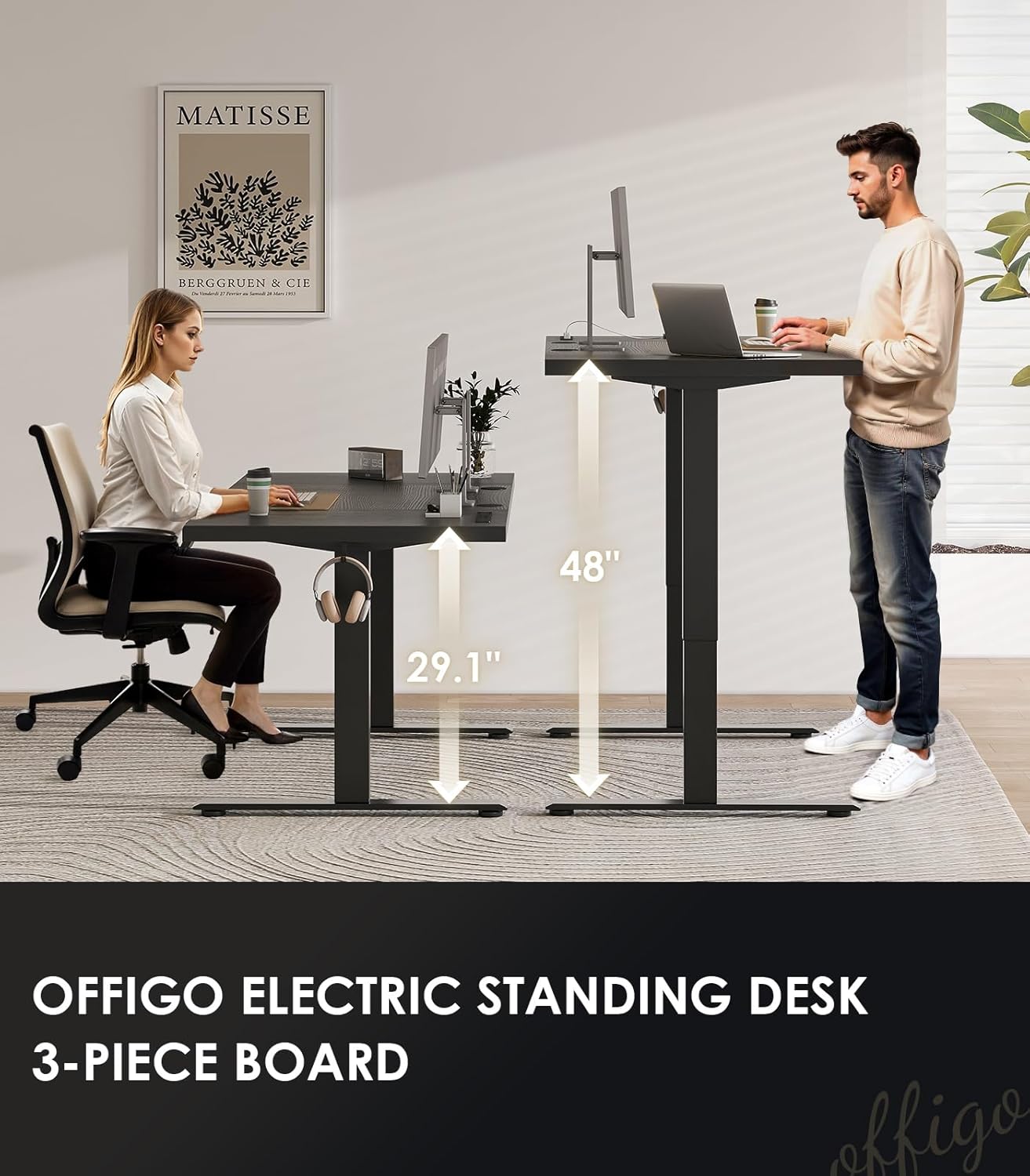 OffiGo Electric Standing Desk with 3-Piece Board, 71 Inch Height Adjustable Large Desk with Power Outlets, Sit Stand Table, Writing Computer Desk for Home, Office, Workstation, Black