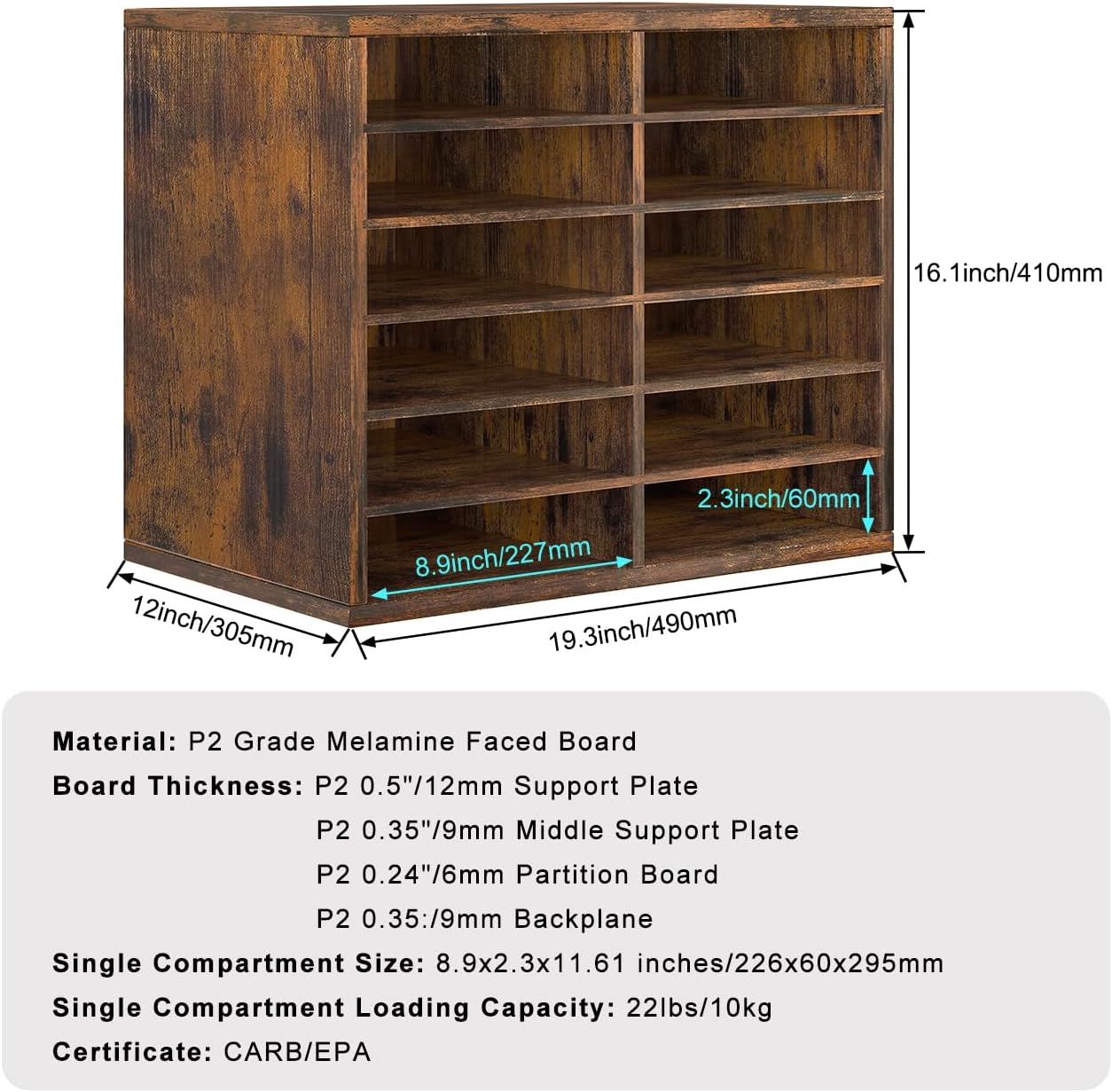 PAG Countertop Mail Sorter Organizer, Wooden Literature Organizer, Student Mailbox for Classroom, Desktop Bill Organizer for Office Home School, 12 Compartments, Antique Brown