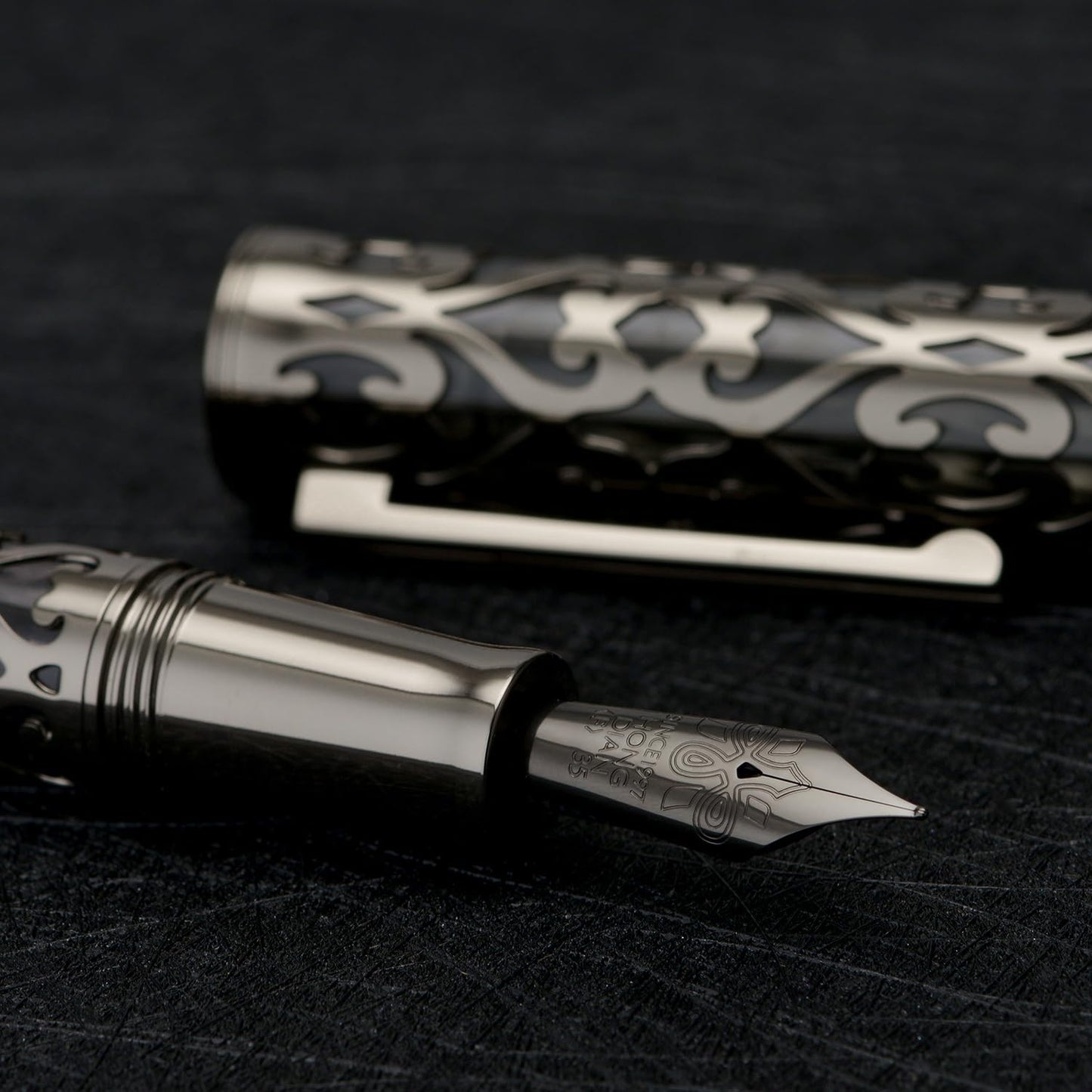 Hongdian D1 Piston Fountain Pen Extra Fine Soft Nib, Jet Black Hollow Skeleton & Resin Pen with Metal Case Set