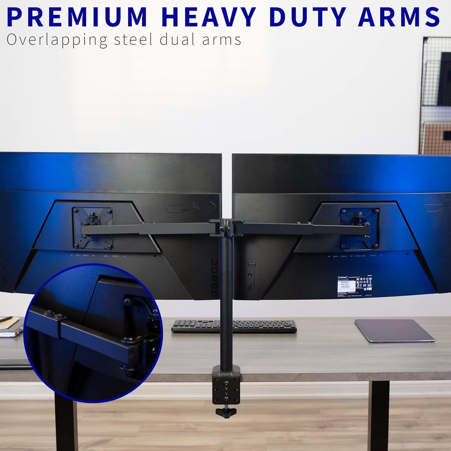 VIVO Dual LCD LED 21 to 32 inch Monitor Desk Mount, Heavy Duty, Adjustable Telescoping Arms, Flush Wall Setup, Fits 2 Screens, Black, STAND-V002E