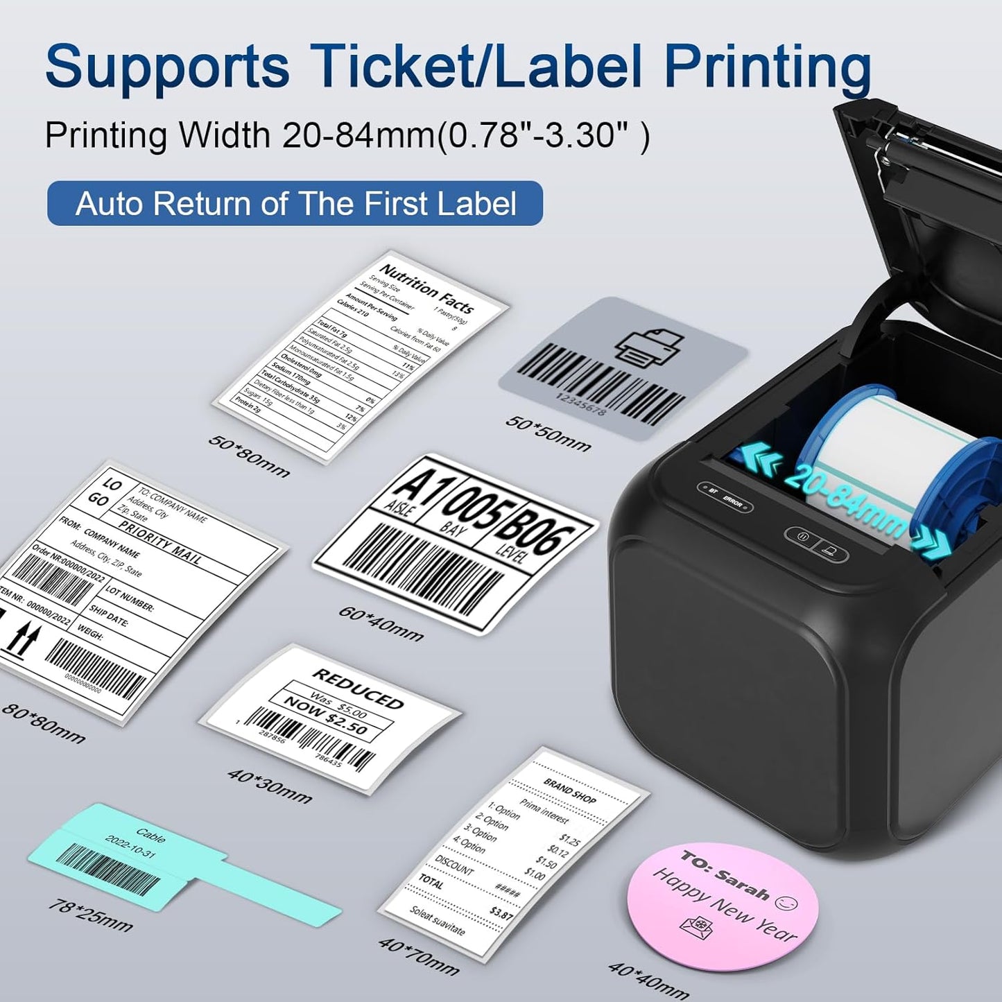CLABEL Desk Bluetooth Barcode Label Printer: Label Maker with Direct Thermal Printing, 2 Inch Print Width for Barcodes Address Shipping Warehouse with 1 Roll 40x30mm Label (3 Inch Soot)