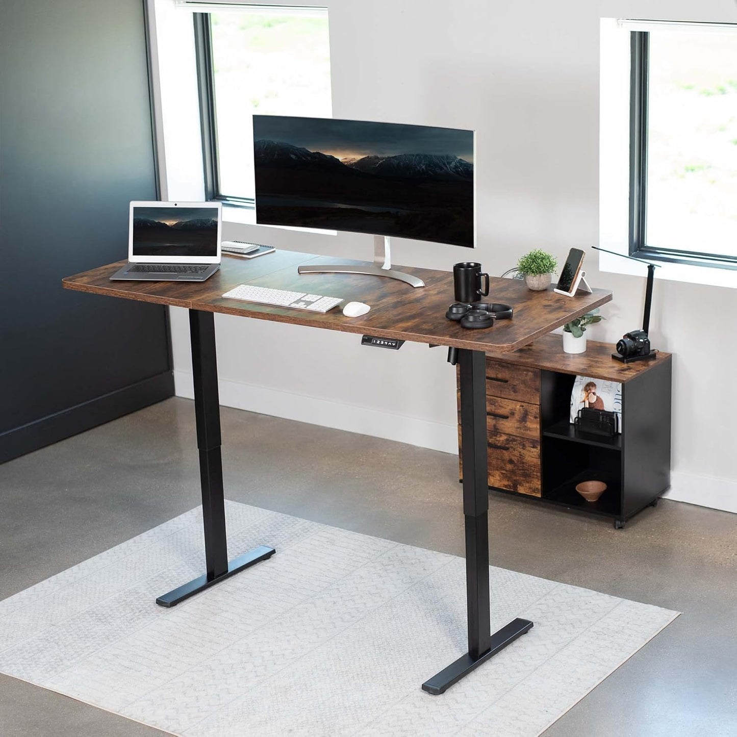 VIVO Electric 71 x 30 in Rustic Standing Desk, Memory Height Adjustment, 1B Series, Vintage Brown Top Black Frame, DESK-KIT-1B7N