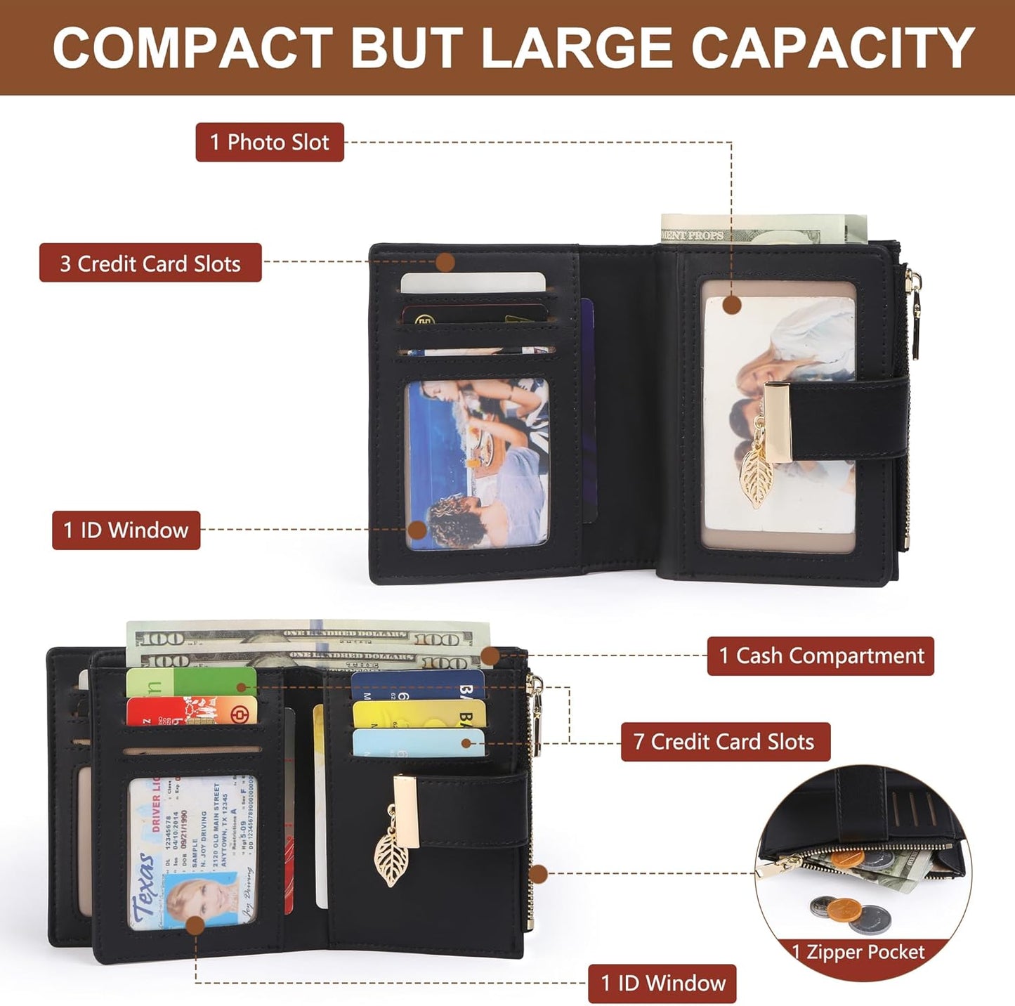 Small Wallet Women RFID Blocking Leather Bifold Wallet Credit Card Holder for Women Ladies Compact Wallet Mini Purse With Zipper Pocket