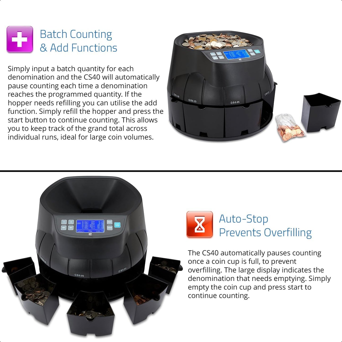 ZZap CS40 Coin Counter, Sorter and Roller - Money Cash Currency Machine