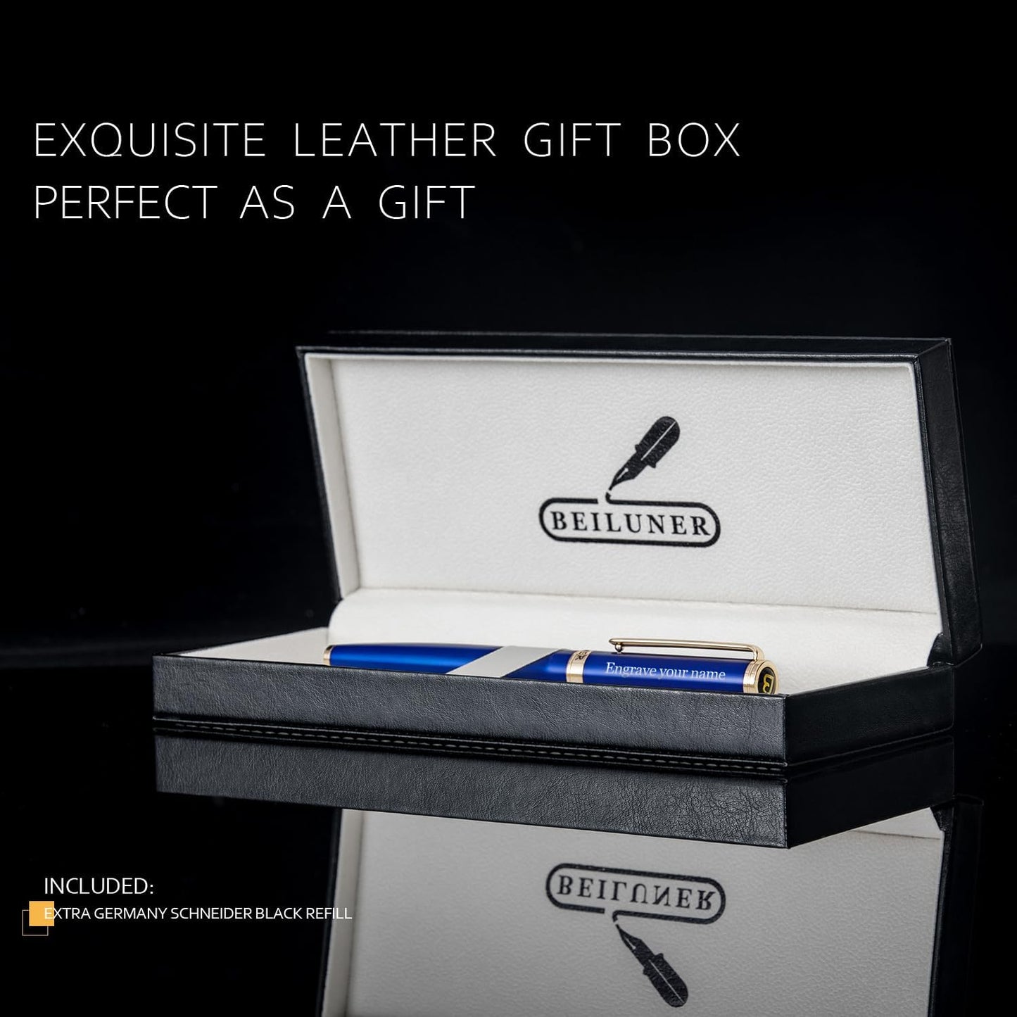 BEILUNER Blue Personalized Pen,Stunning Luxury Lacquer With 24K Gold,Schneider Ink Refills,Multiple Fonts To Custom Rollerball,Gift Pen For Men & Women,Executive,Graduation,Christmas,Nice Fancy Pens