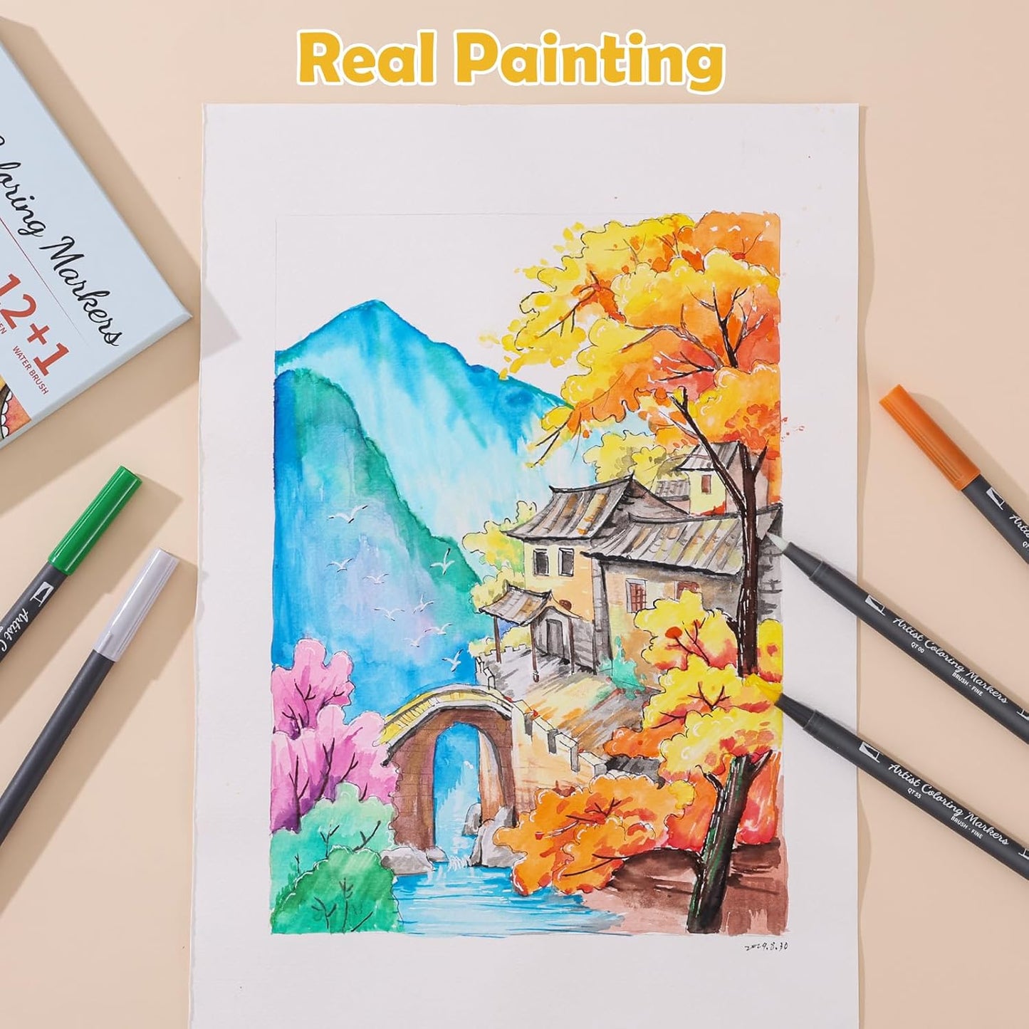 12 Colors Blendable Watercolor Markers Pens 2025 Upgrade Water Paint Set Double Tip Paint Pens with 1 Water Brush Pen Water Based Coloring Pens Drawing Markers Set with Brush Tip for Artists&Beginners