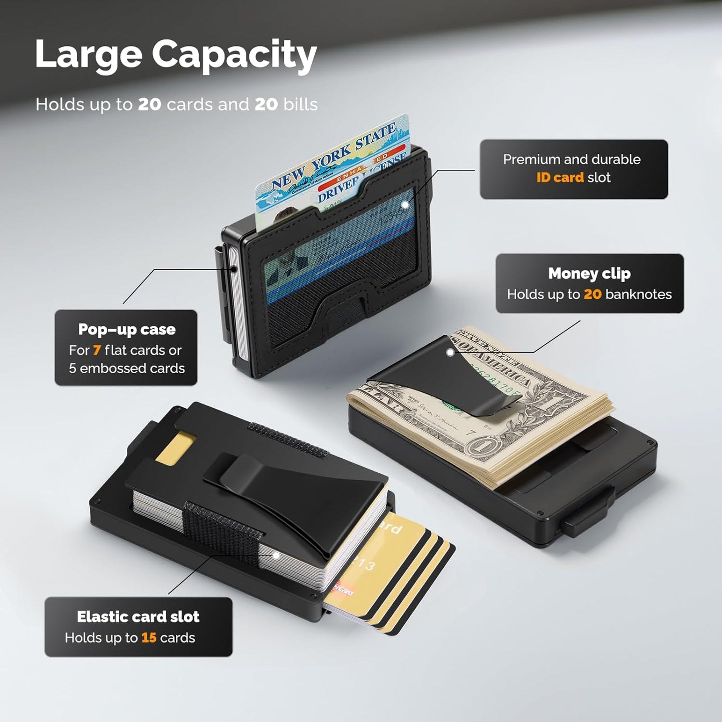 Wallet for Men with Money Clip and ID Window - Holds 20 Cards, RFID Blocking Card Holder Wallets with Smart Card Slot, Minimalist Mens Wallet, Metal Pop Up Wallet, Gifts for Men Black