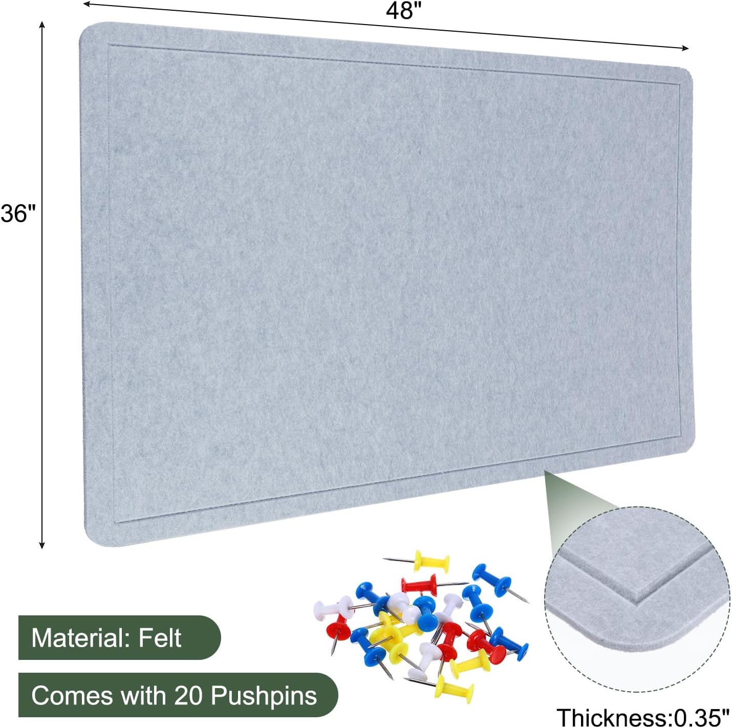 YOKIVE Felt Bulletin Board, 48 x 36 -Inch Foldable Decorative Pin Board Self Adhesive Felt Cork Board with 20 Pushpins, Great for Wall, Photo Display, Paste Note, Schedule(Light Gray)