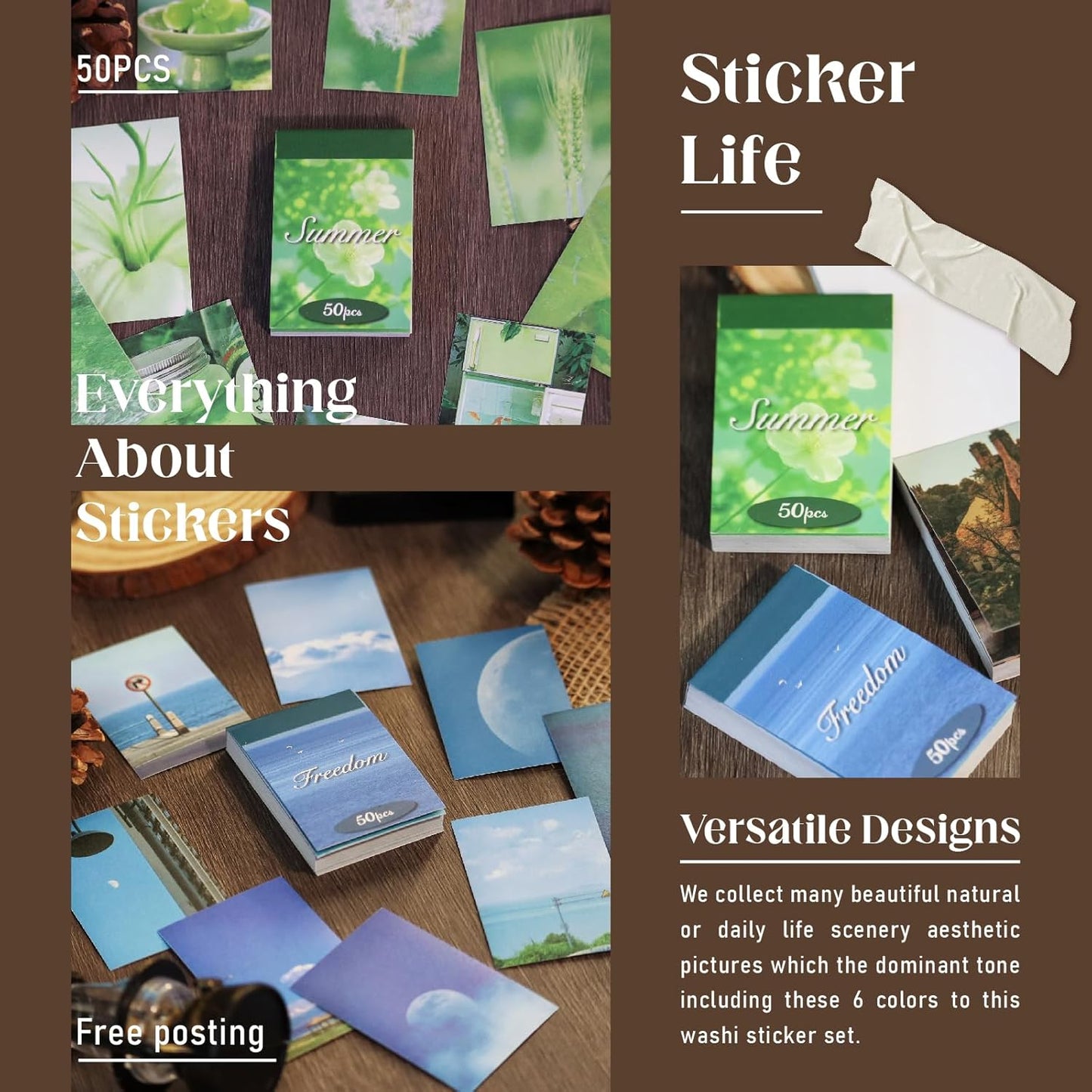 Washi Stickers, 6 Sets 300 Pcs Aesthetic Sticker Book for DIY Journaling, Journaling Supplies for Bullet Journal Art Diary Card Craft Gifts Planner Notebook