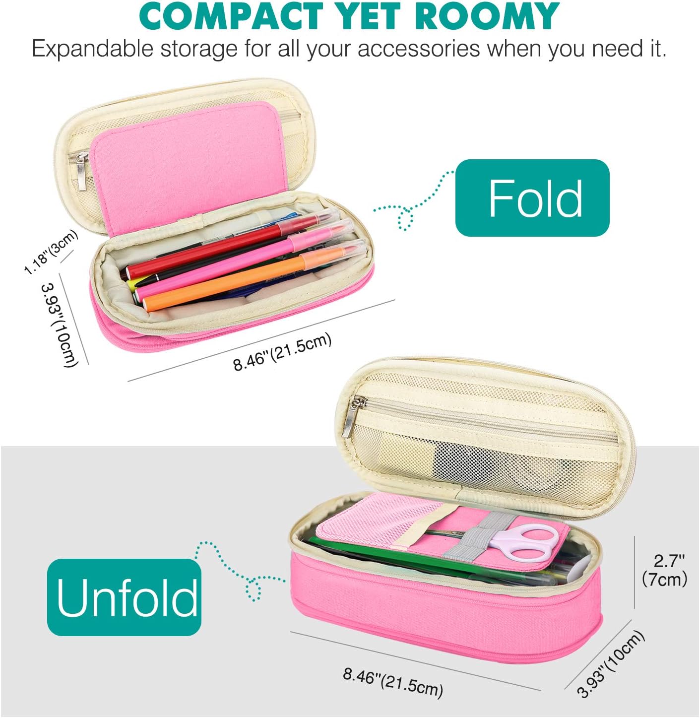 MoKo Large Capacity Pencil Pen Case, Big Capacity Storage Bag Pouch Box, Stationery Organizer with Zippers for Office/School Supplies - Beige & Pink