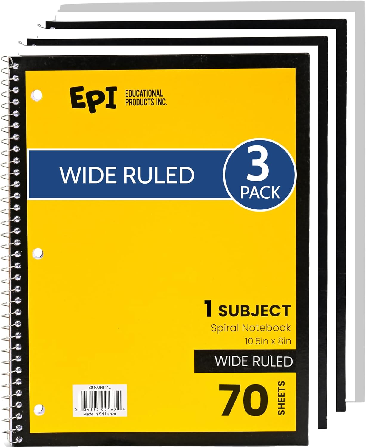 EPI Spiral Notebook | Wide - 70 Sheets, Durable Spiral Binding | 10.5 x 8 in | Classroom Supplies | School, Office, Note Taking, Journaling - 3 Pack