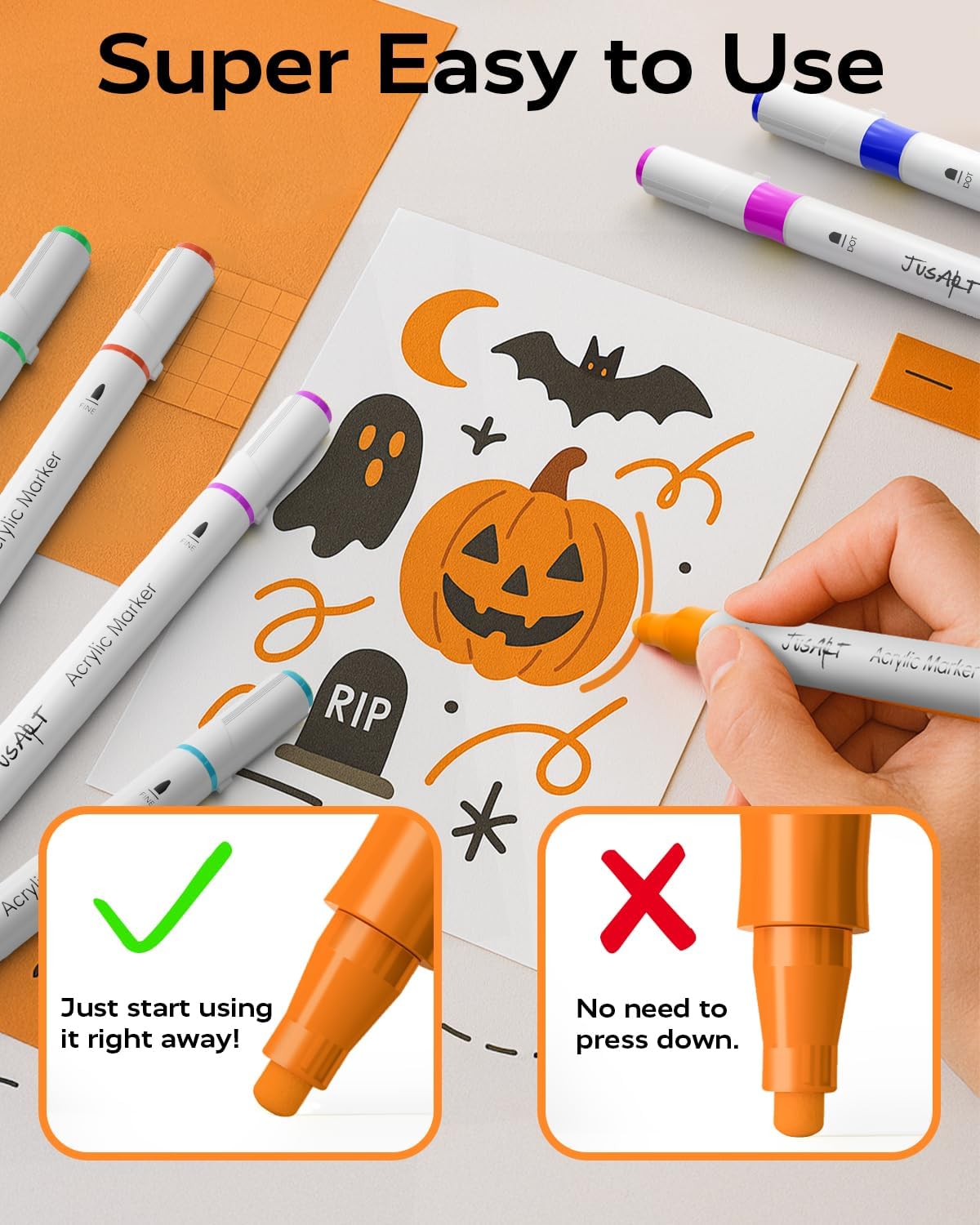 JusArt 48 Colors Dual Tip Acrylic Paint Markers with Dot and Fine Tip, No-Bleed Paint Pens and Waterproof Markers for Rock, Wood, Glass, Ceramic - Vibrant Art Supplies for Kids, Beginners & Artists