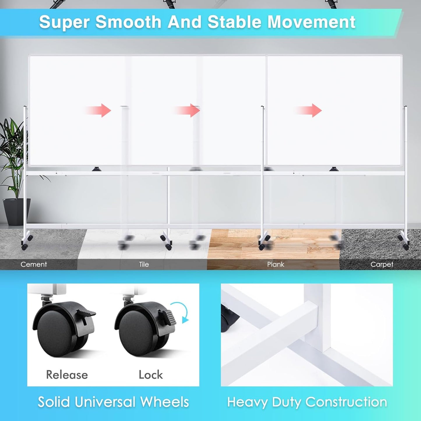 maxtek Rolling Whiteboard 60x48, Large Double-Sided White Board Dry Erase on Wheels, Giant Magnetic White Board Standing for Office, School, Home Office, Homeschool (Sliver)