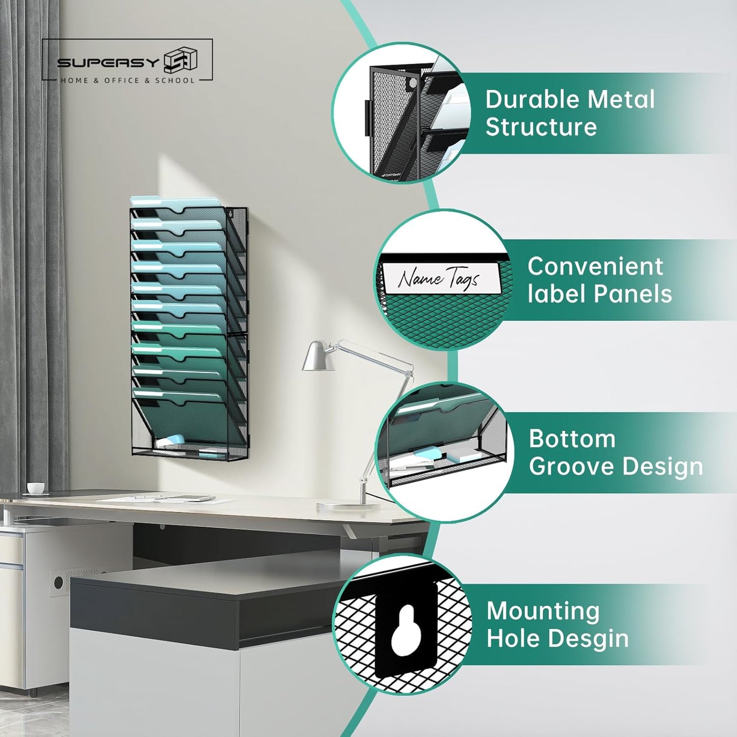 SUPEASY 11-Tier Wall File Organizer, Hanging Wall Files for Papers, Folders, Magazines, Wall Organizer for Clipboard, Assembly Needed, Black