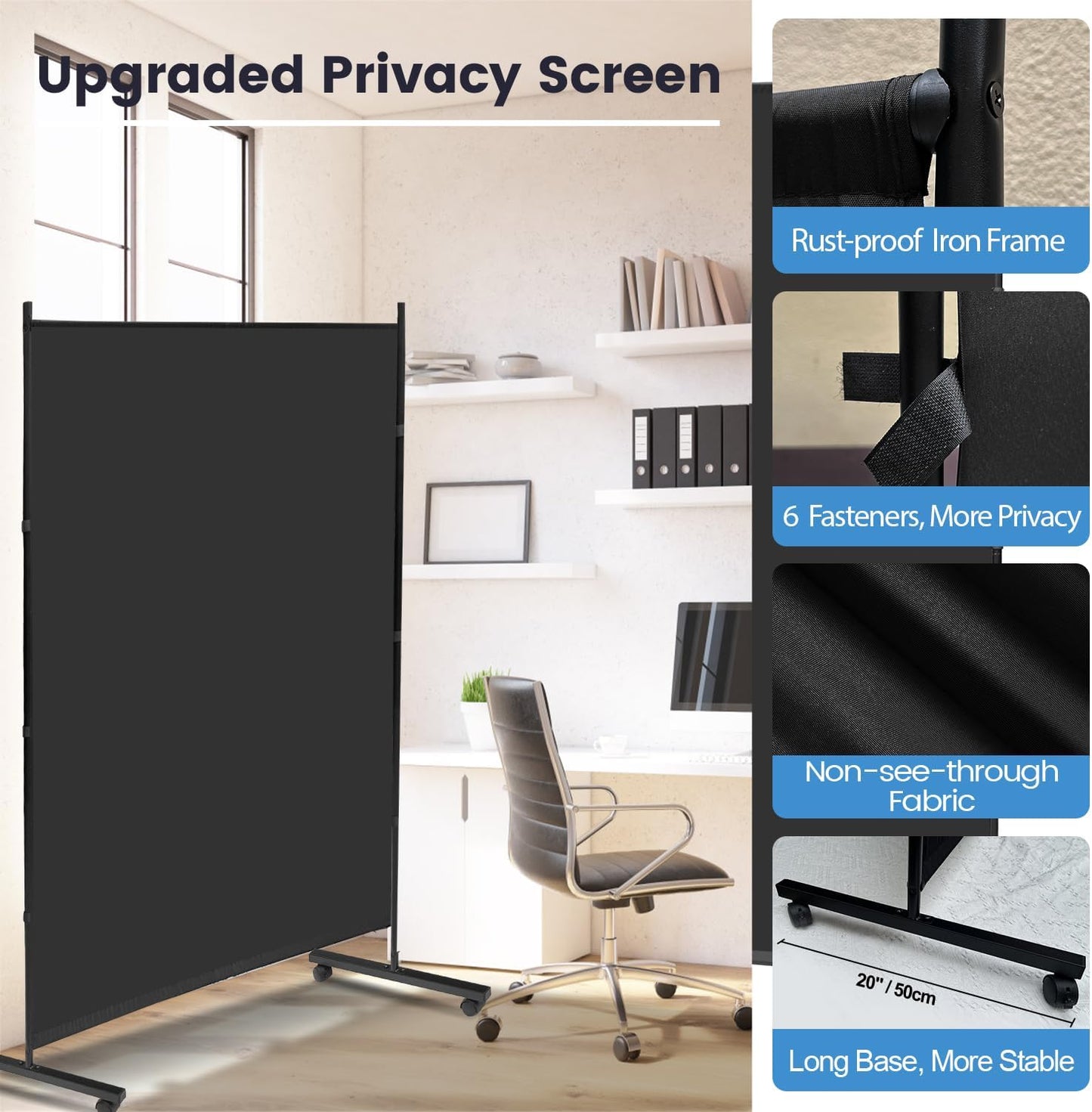 MAYOLIAH Large Single Panel Room Divider on Wheels, 71”W x 75”H Rolling Privacy Screen, Portable Wall Divider for Home Office Partition, Black