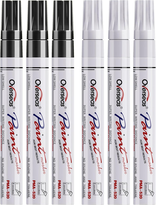 Overseas White and Black Paint Pens, 6 Pack Oil Based Permanent Markers - Medium Tip, Quick Dry and Waterproof Paint Markers for Rock, Wood, Metal, Plastic, Canvas, Glass, Ceramics, Rubber, Stone