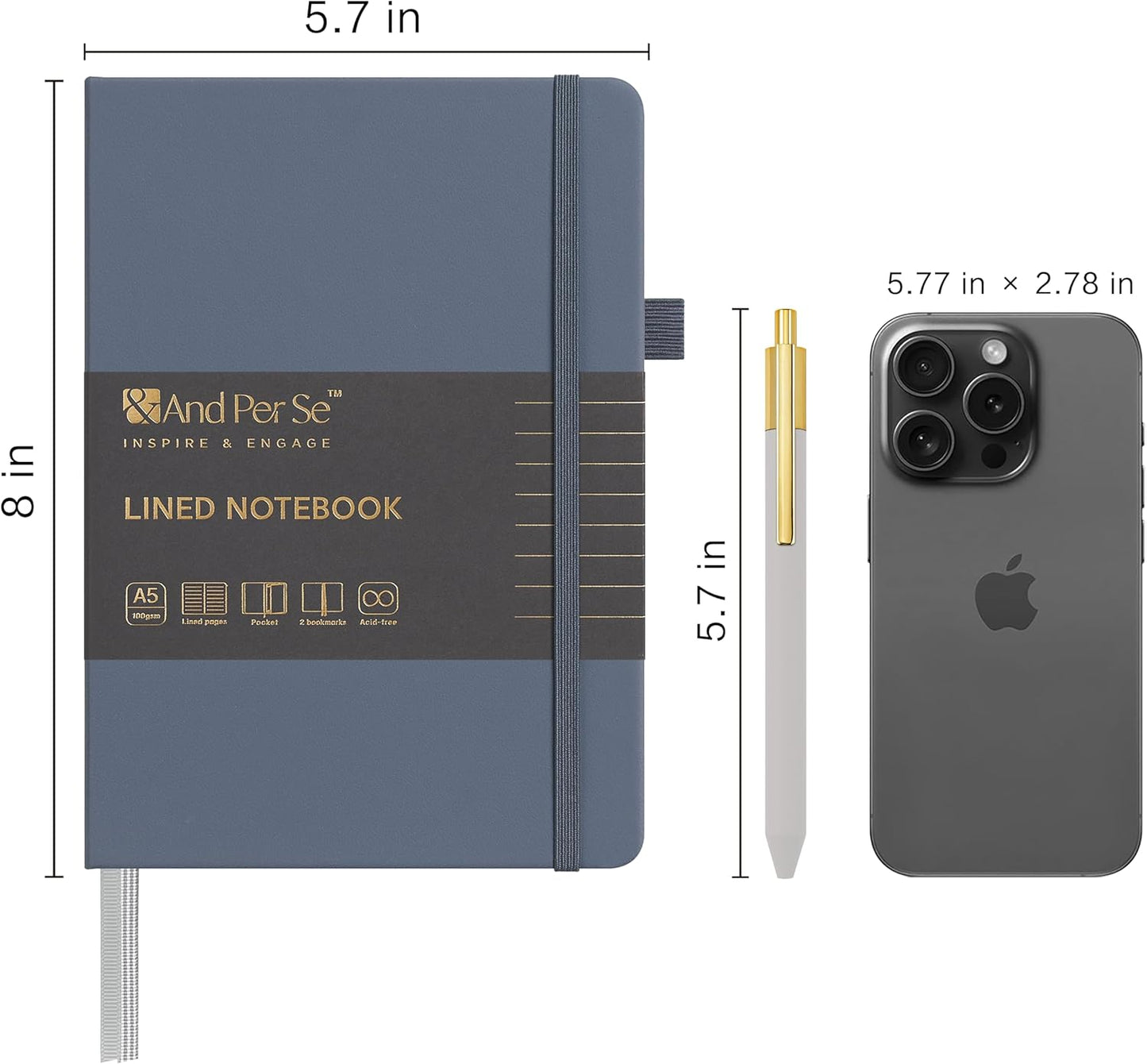 A5 Lined Leather Journal and Pen Set, Hardcover Notebook with Pen, 160 Pages 100gsm Thick Ruled Paper for for Women Men Work Business School or Home Writing, 5.7'' x 8'' (Dark Blue)