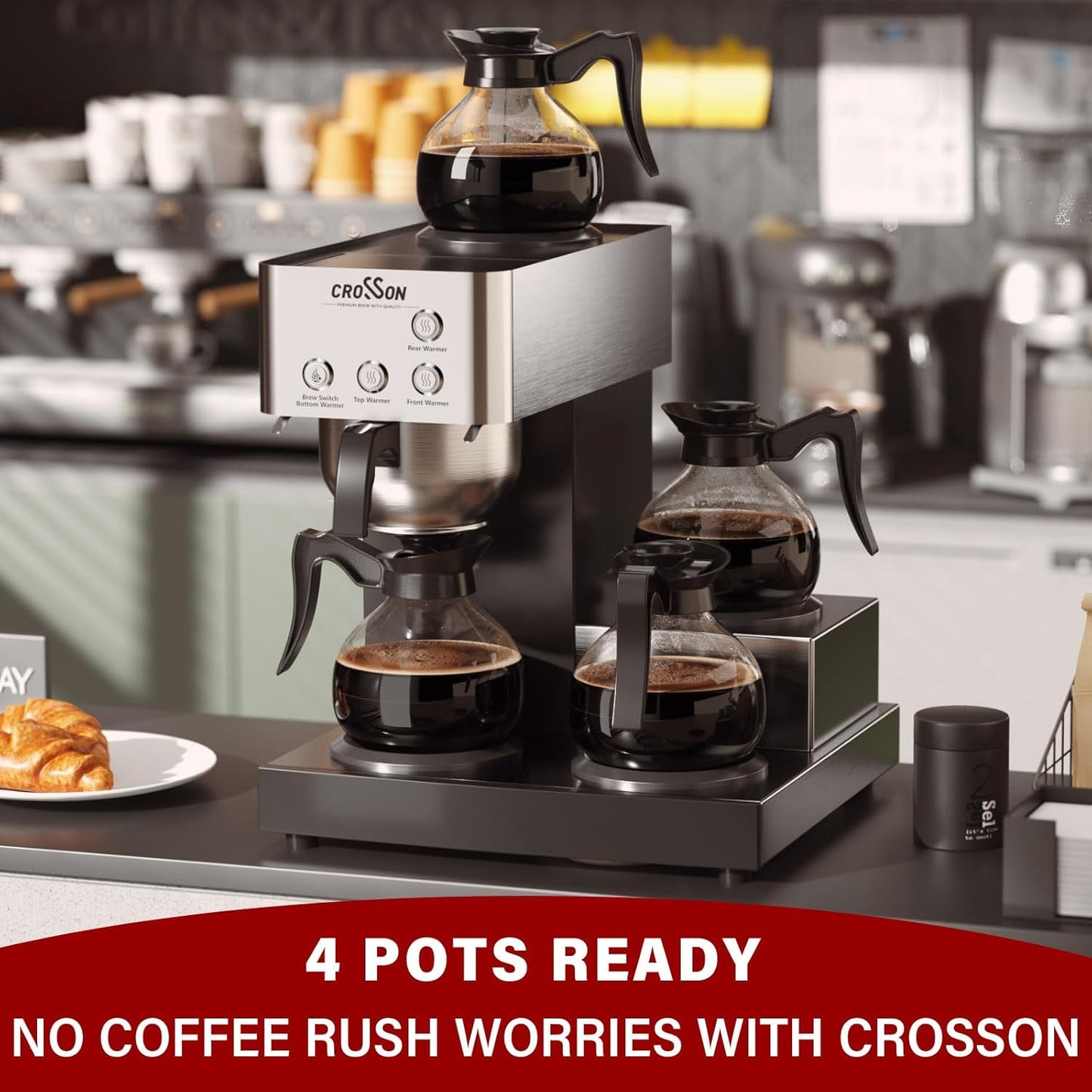 crosson 12 Cup Commercial Coffee Brewer with 4 Warmers & 4 Glass Decanter,Pour Over Drip Coffee Maker with Stainless Steel Housing and 304 SS Funnel
