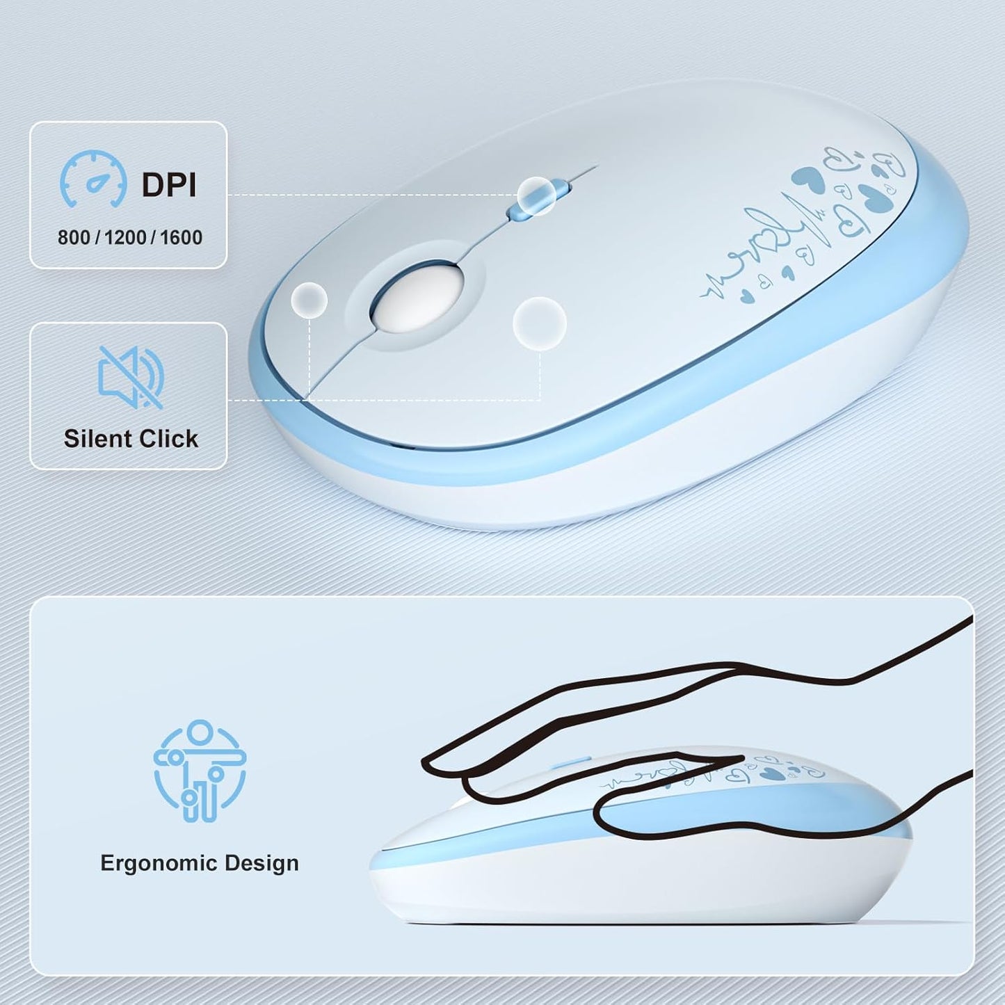 Wireless Keyboard and Mouse Combo, MOWUX Full Size Typewriter Retro Round Computer Keyboard, Cute Optical Mouse Wireless, Plug and Play, for Laptop, PC, Computer - Blue Heart