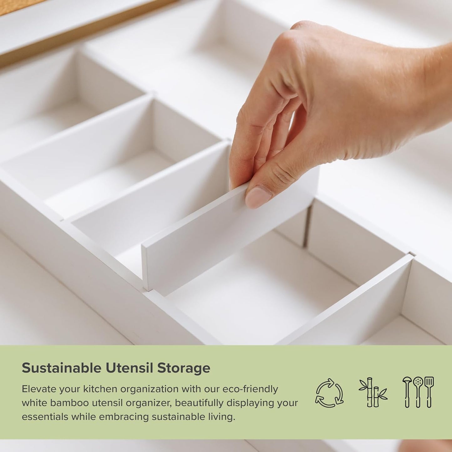 Adjustable Kitchen Drawer Organizer for Utensils and Junk, Food-Safe Contract Grade with 100% Sustainable Wood, Expandable from 19 to 33 Inches Wide - White Bamboo