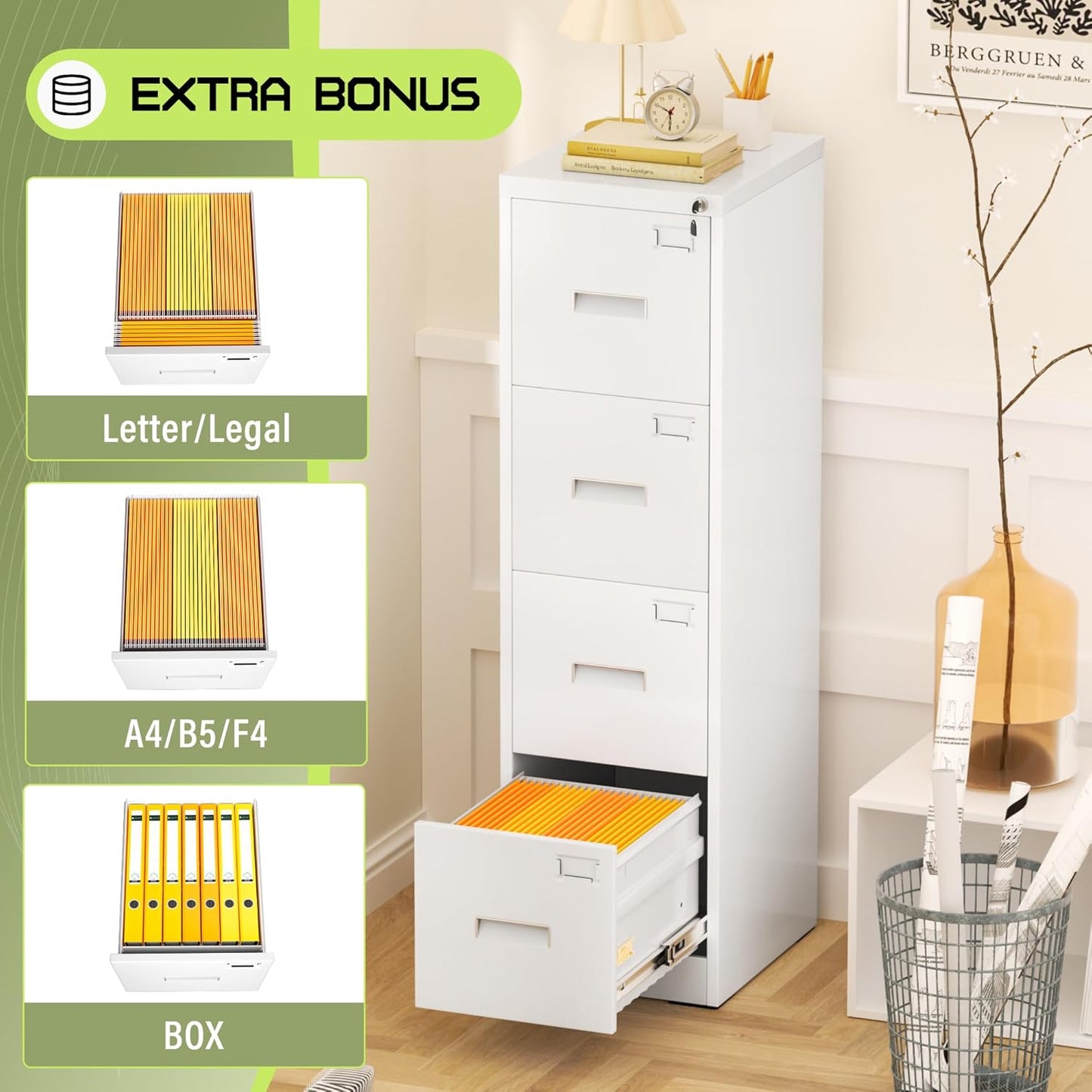 Crownland Lateral File Cabinet with 4 Drawers, 15" W Metal Lockable Office File Cabinets for Home Office- Stores Letter/Legal/A4/F4 Files(White)