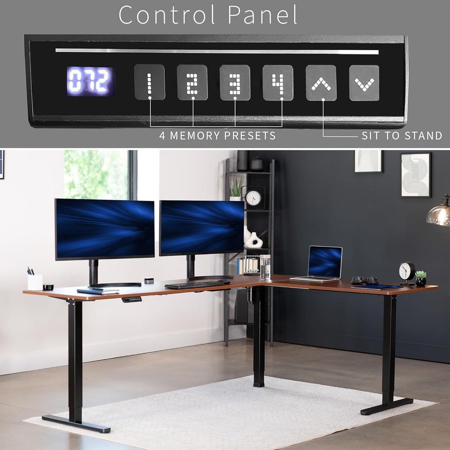 VIVO Electric Corner L-Shaped 84 x 63 in Standing Desk, Memory Height Adjustment, Dark Walnut Top Black Frame, DESK-E3CTBD-84