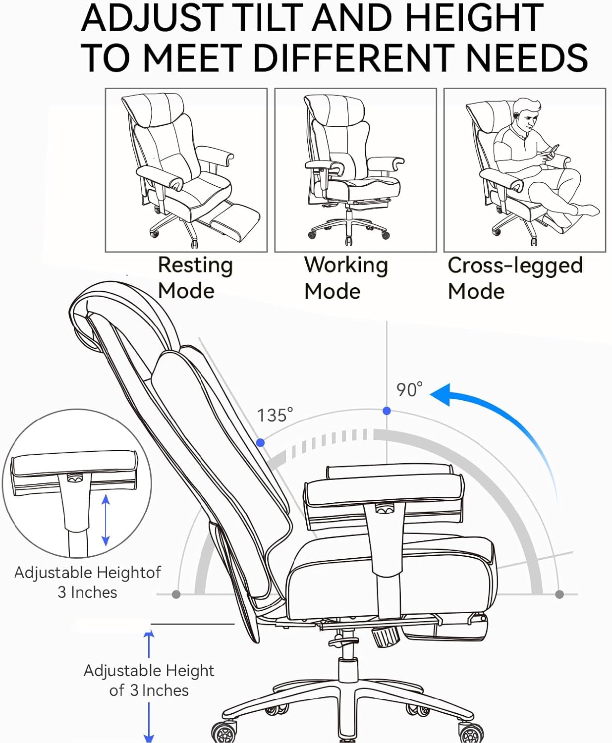 Efomao Ergonomic Office Chair 450LBS with Foot Rest, High Back PU Leather Executive Office Chair with Adjustable Armrests, Lumbar Support for Home or Work, Computer Chair, Black