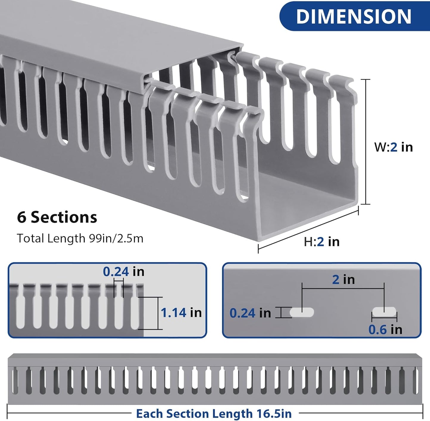 ZhiYo 99in(6X L16.5in) Professional Server Rack Cable Management Raceway, H2in x W2in Cable Raceway Kit, Electrically Safe PVC Open Slot Wire Raceway for Under Desk/Computer/Network Cords, Grey