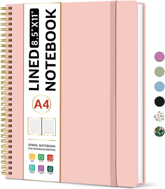 Taja Spiral Lined Notebook, 8.5"x11" Notebooks for Work, Large A4 Journal for Women & Men, College Ruled Journaling Notebook for Writing, Plastic Cover Spiral Journal, Pink