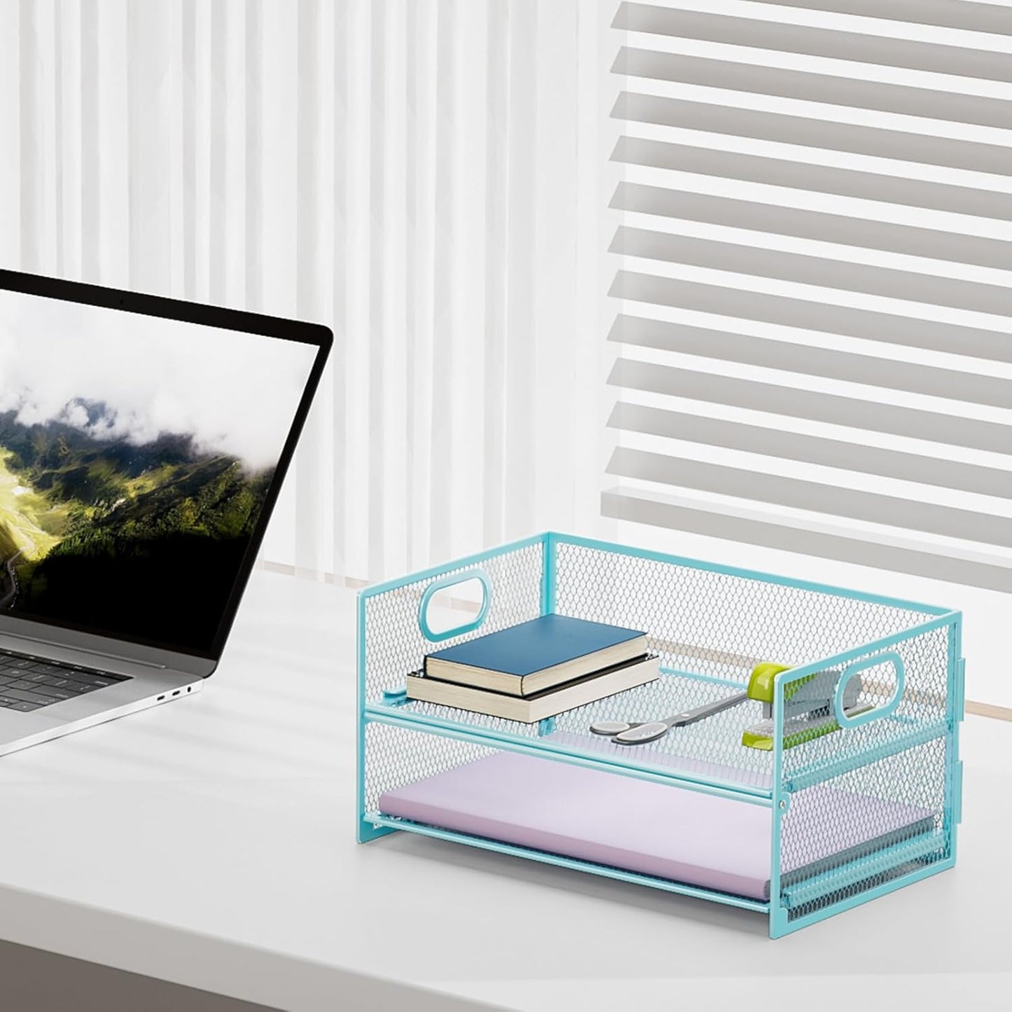 Marbrasse 2 Tier Paper Organizer Letter Tray, Mesh File Organizer with Handle, Paper Sorter Desk Organizer for Home Office Supplies - Blue